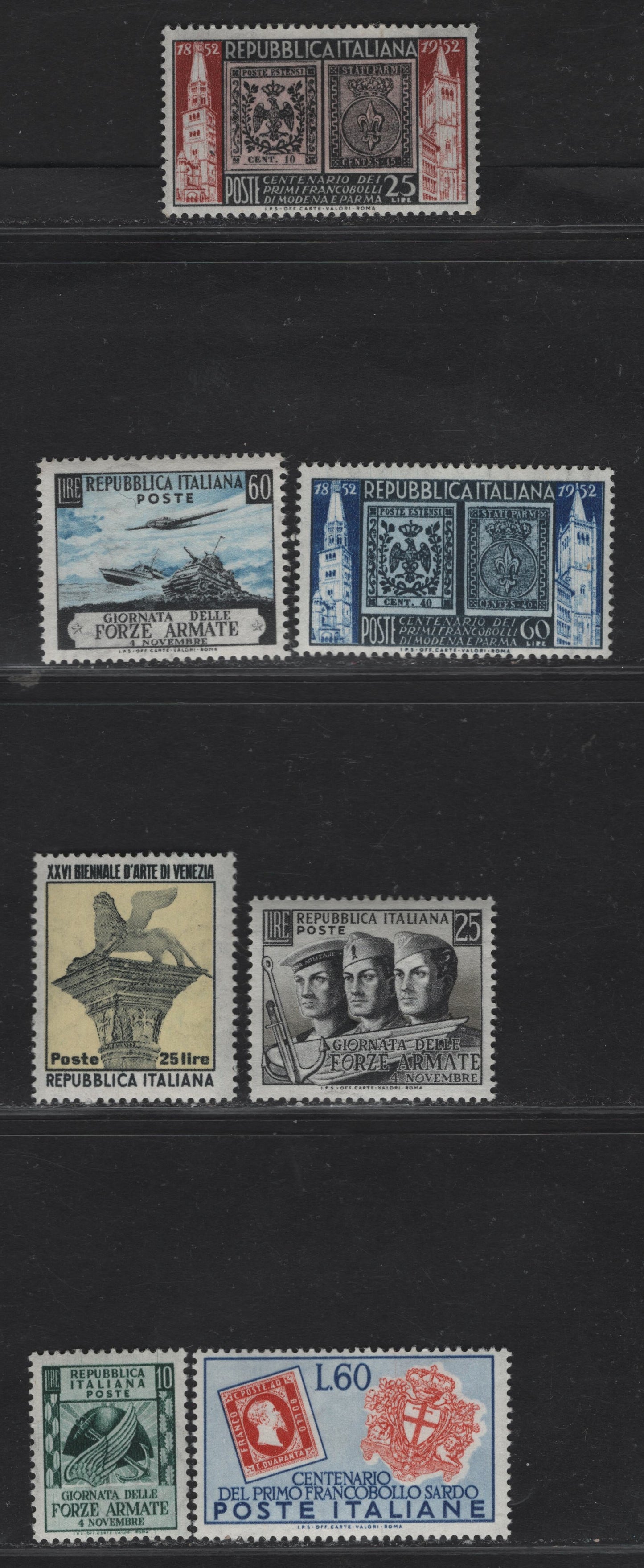Lot 204 Italy SC#589, 605, 613-615, 602-603 60l Blue & Vermillion - Black & Blue Sardinia Stamps - Boat, Plane & Tank, 1951-1953 Sardinia Stamp Centenary - Armed Forces Day Issues, 7 F/VFOG Singles