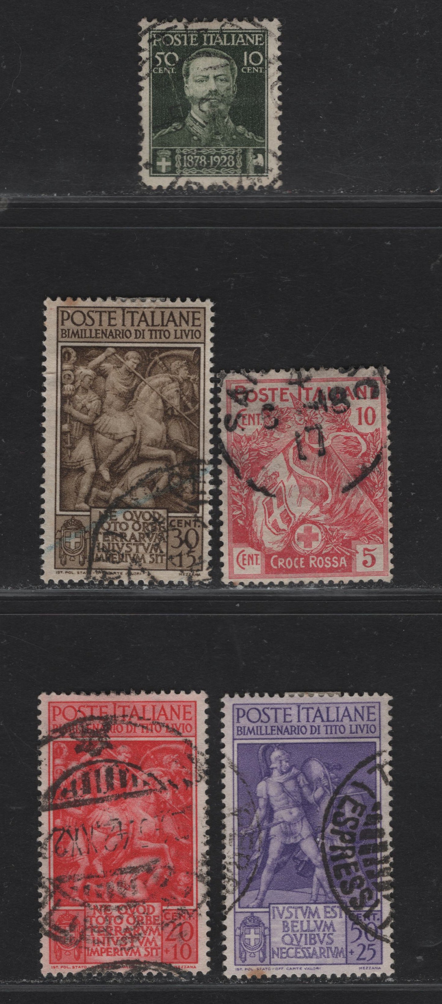 Lot 209 Italy SC#B1, B34, B43-B45 10c+5c - 50c+25c Rose - Violet Italian Flag - Roman Warriors, 1915-1941 Semi Postal Issues, 5 Very Good/Fine/Very Fine Used Singles, #B1 Has A Horizontal Crease