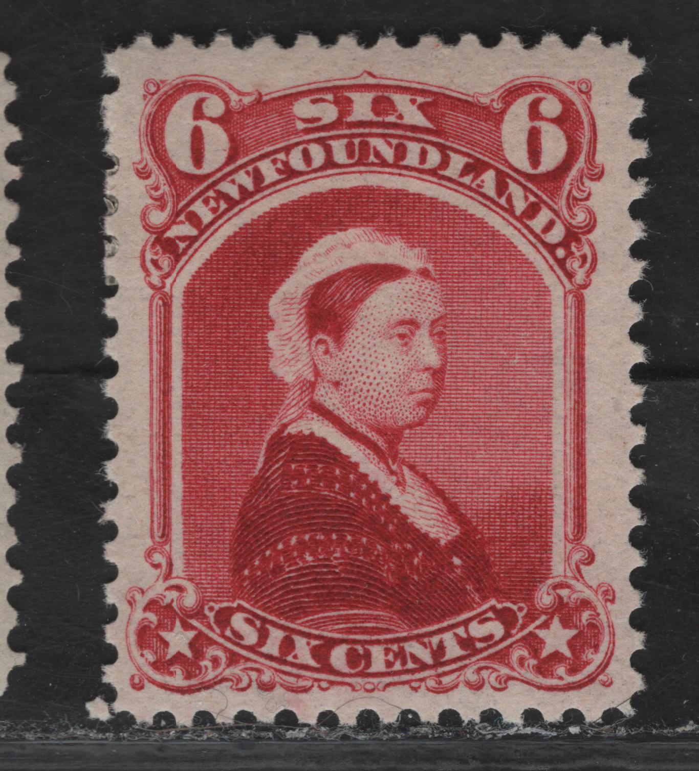 Lot 21 (C) Newfoundland #36 6c Carmine Lake Queen Victoria, 1868-1894 2nd Cents Issue, A VFOG Single, Paper Cents-EE, Perf 12x11.75