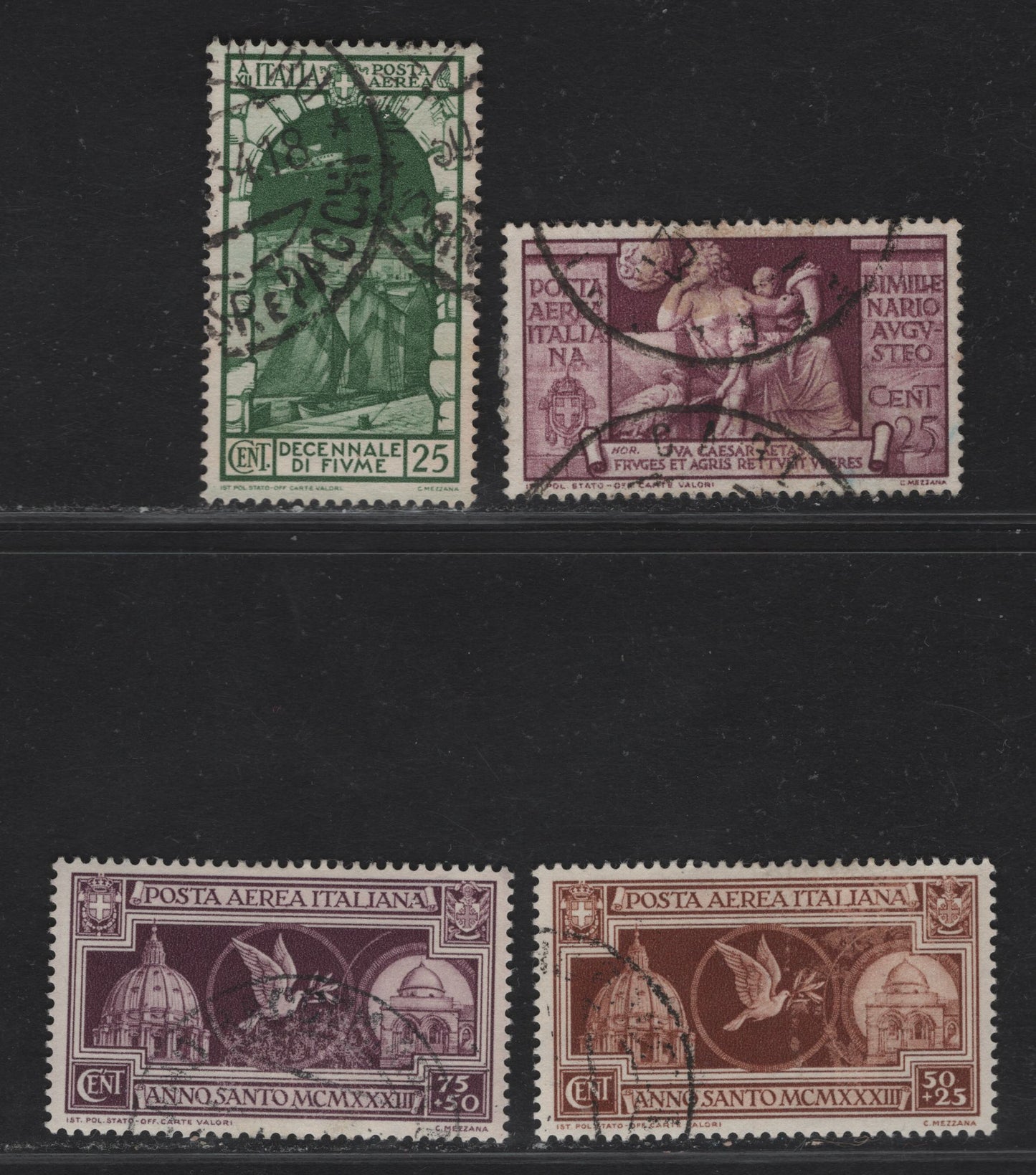 Lot 212 Italy SC#C95, C56, CB1-CB2 25c - 75c+50c Green - Brown Violet Fiume Harbor - Church of Holy Sepulcher, 1933-1934 Airmail - Air Post Semi Postal Issues, 4 Very Fine Used Singles, CB1-CB2 Are Clear CTO's