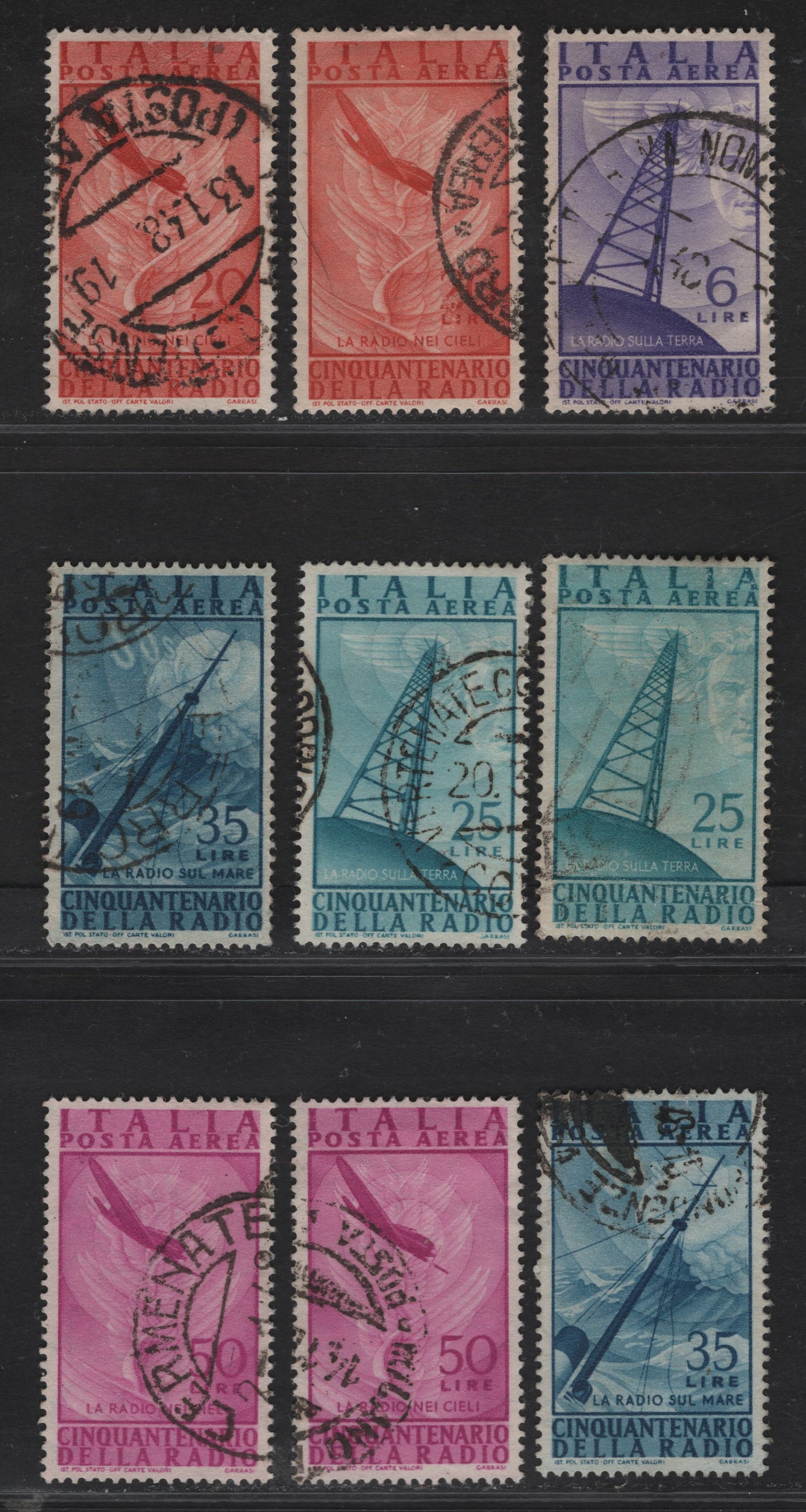 Lot 214 Italy SC#C116, C118-C121 6l - 50l Deep Violet - Lilac Rose Radio On Land - Radio in the Skies, 1947 50th Anniv of Radio Airmail Issue, 9 Very Fine Used Singles, Subtle Shade Variations, All Appear To be Contemporary Dated Cancels
