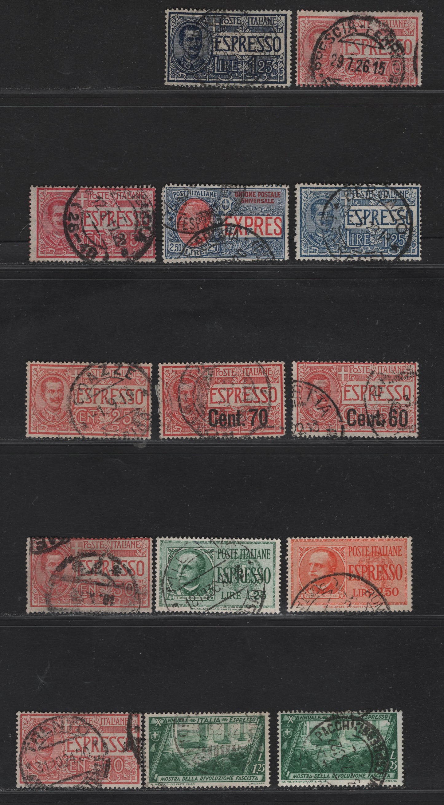 Lot 216 Italy SC#E1-E5, E8, E11, E13-E16 25c - 1.25l Rose Red - Deep Dull Green, 1903-1932 Victor Emmanuel III - March on Rome Special Delivery Issues, 14 Very Good/Fine/Very Fine Used Singles, With Additional Shades Of The 25c & 1.25l