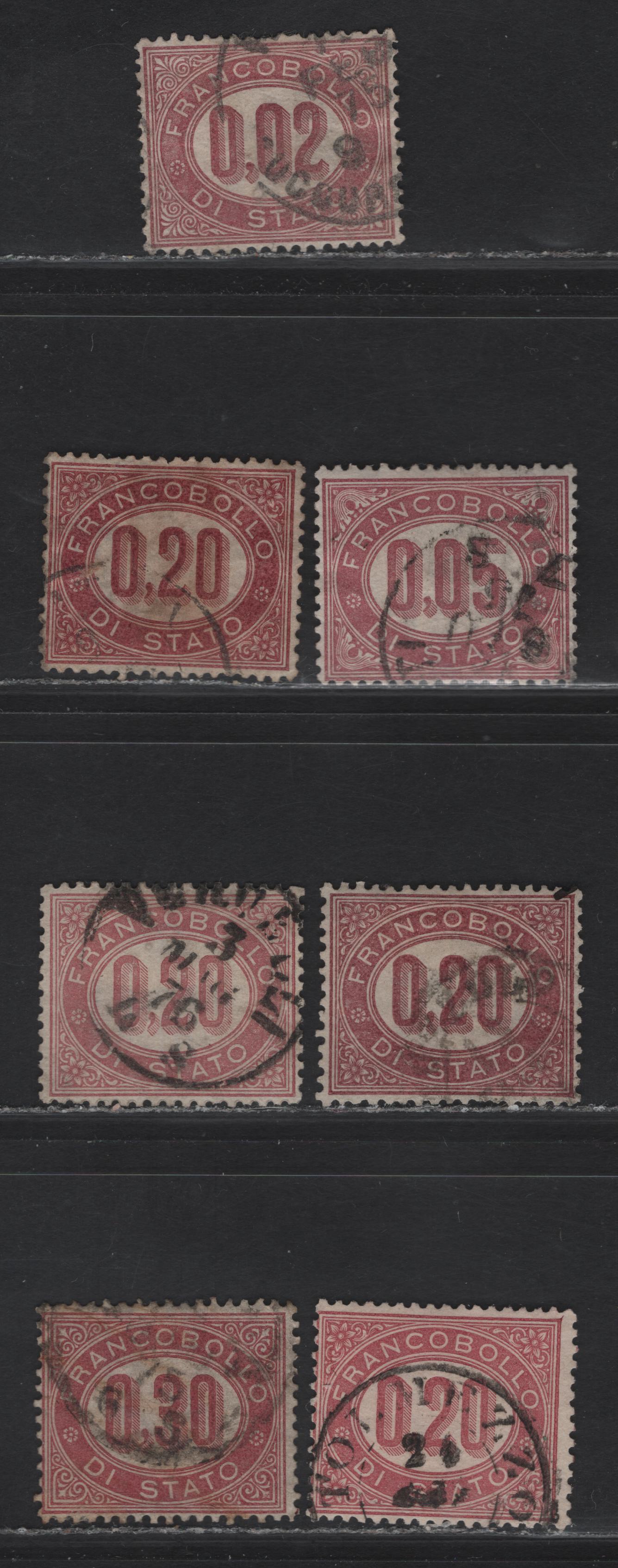 Lot 219 Italy SC#O1-O4 2c - 30c Lake Numerals, 1875 Official Issue, 7 Fine/Very Fine Used Singles, Unlisted Shade Variations