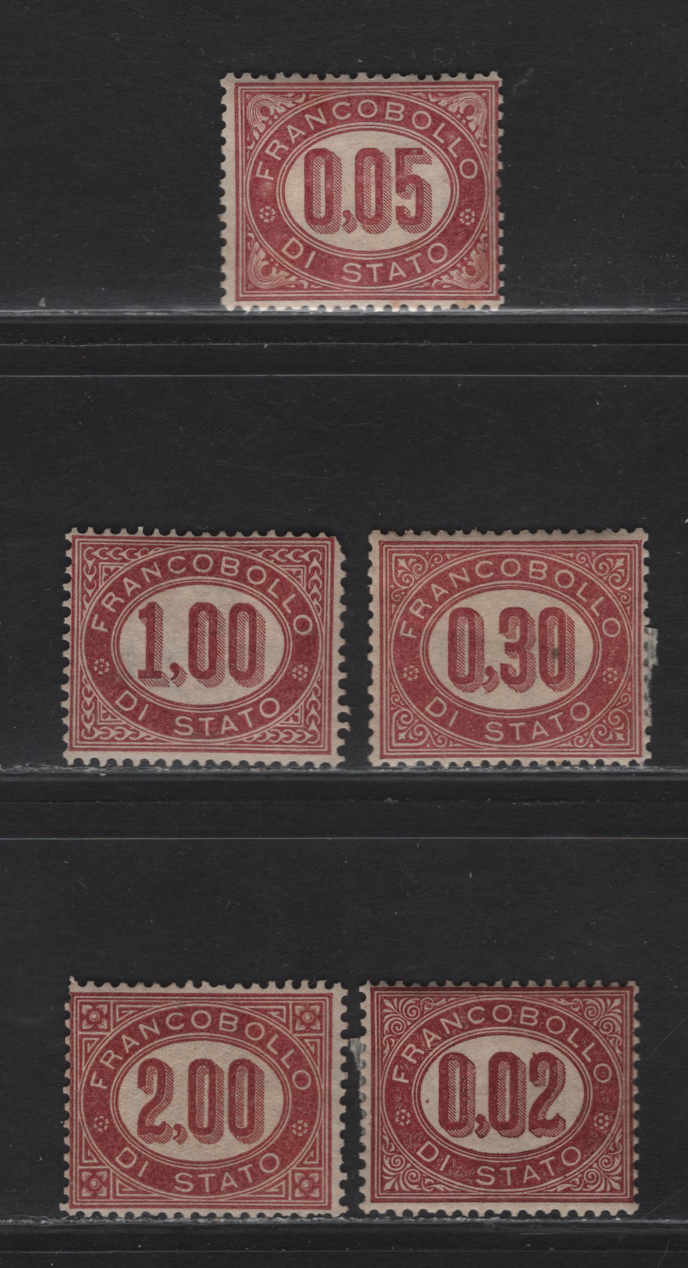 Lot 220 Italy SC#O1-O2, O4-O6 2c - 2l Lake Numerals, 1875 Official Issue, 5 FOG & Unused Singles, 1l & 2l Have No Gum