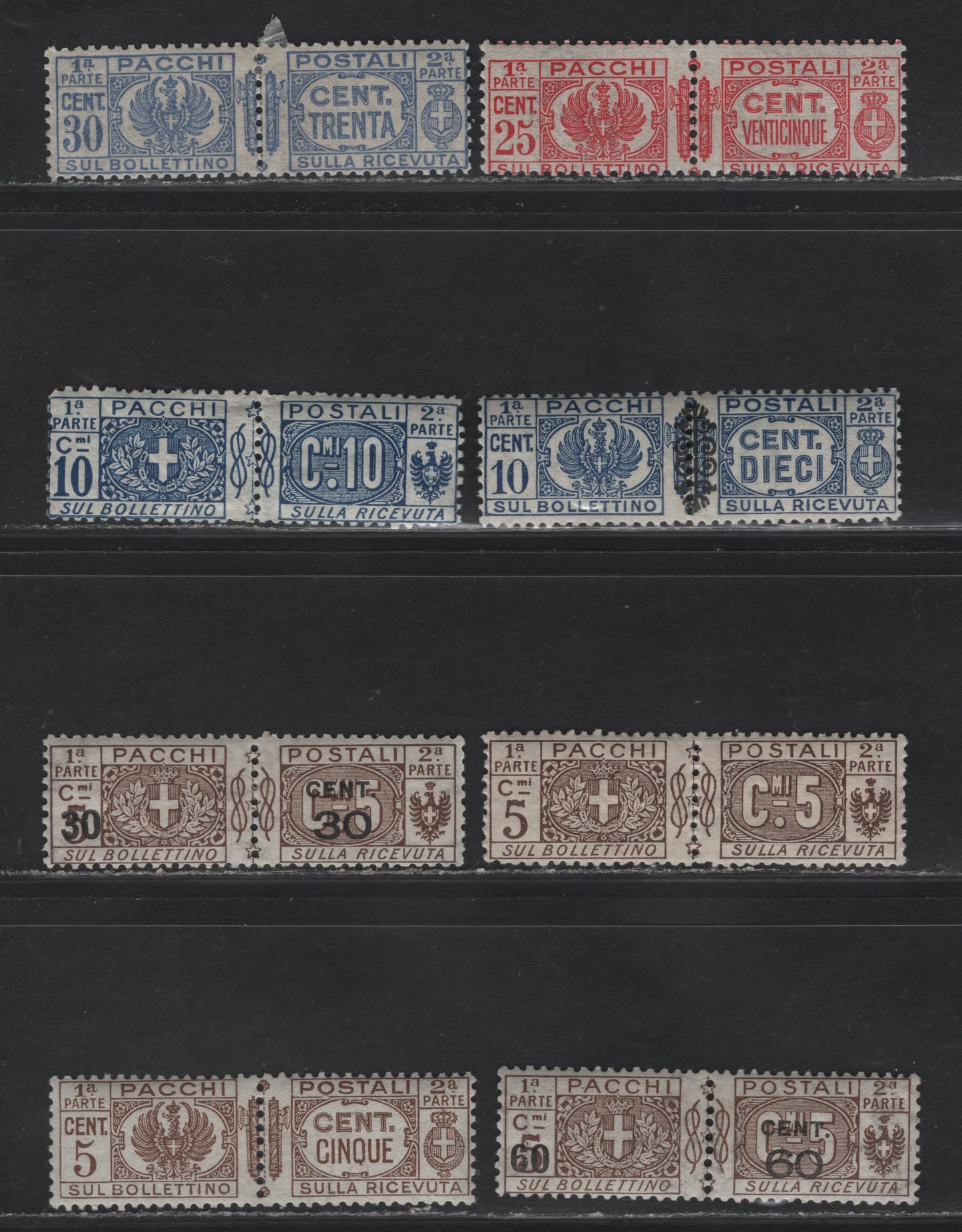 Lot 224 Italy SC#Q7-Q8, Q20-Q21, Q24-Q27 5c - 30c Brown - Ultramarine Arms, 1914-1939 Parcel Post Issue, 8 VG/F/VFOG Singles