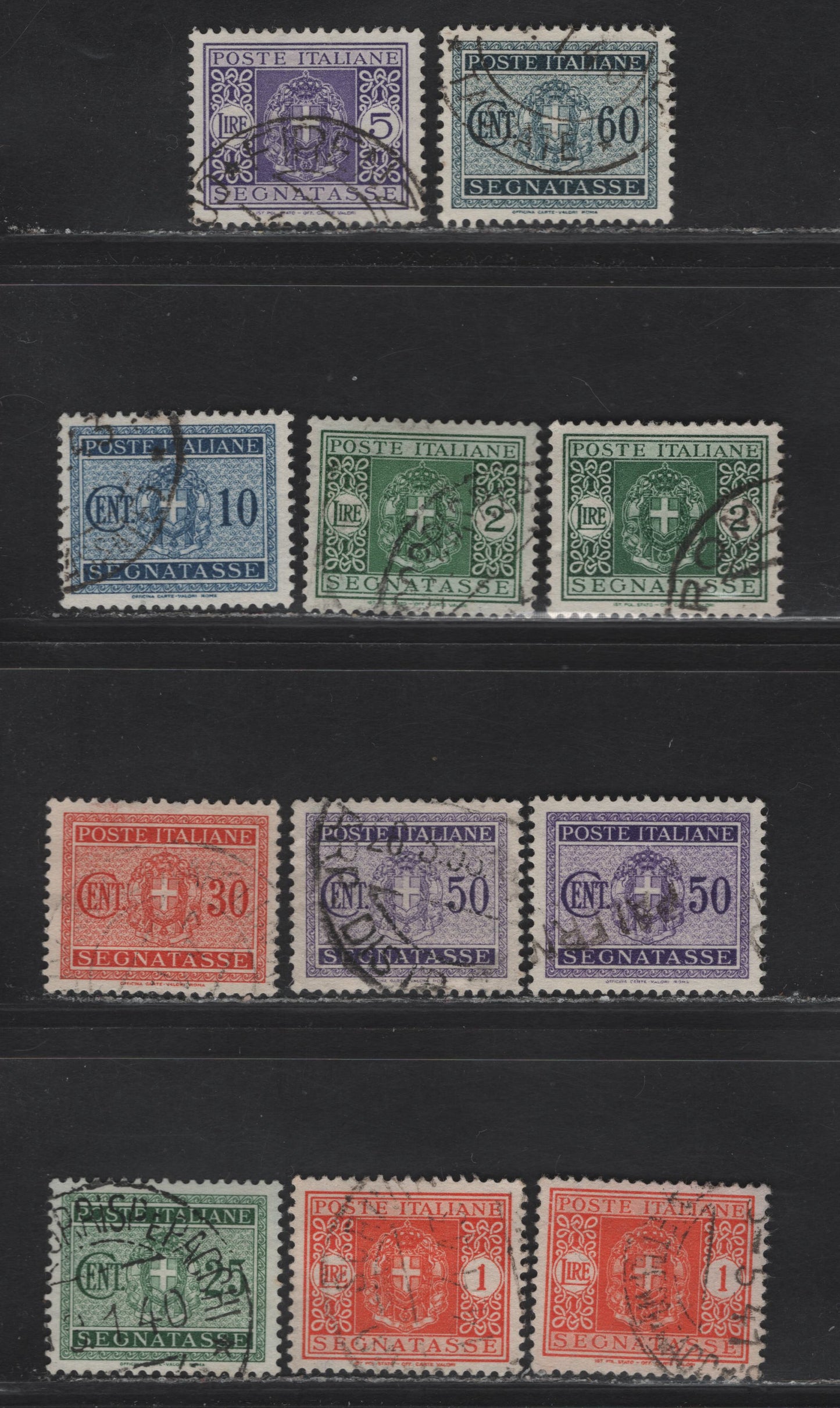 Lot 236 Italy SC#J29, J31-J32, J34-J38 10c - 5l Blue - Violet Coat of Arms, 1934 Postage Dues, 11 Very Fine Used Singles, Fasces in Design, Cancels All Appear To be Good, Two Shades Of 50c, 1l & 2l.