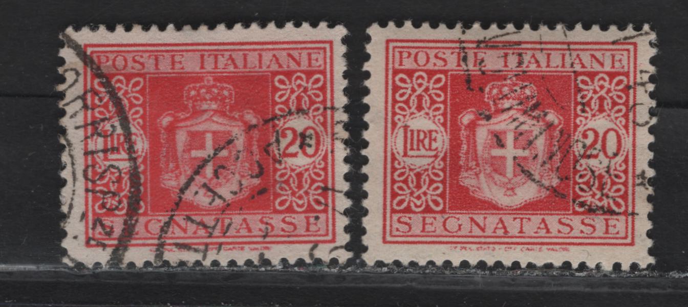 Lot 242 Italy SC#J64 20l Carmine Rose Coat of Arms, 1945-1946 Postage Dues, 2 Very Fine Used Singles, 2 Printings Showing Different Levels of Contrast In The Design