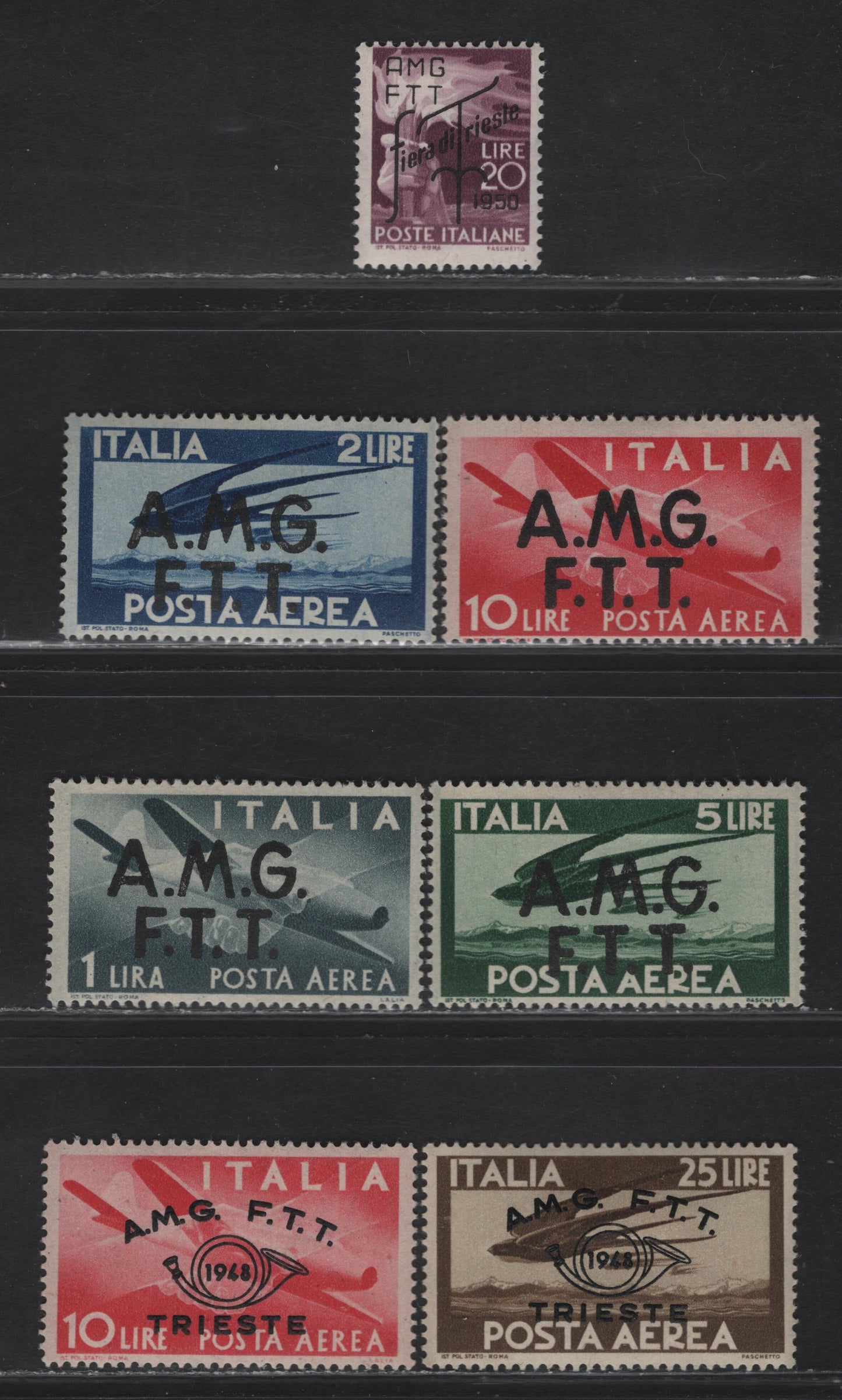Lot 247 Italy - Trieste SC#C1-C4, C17-C18, 53 20l - 25l Dark Red Violet - Brown Overprinted - Staff of Aesculapius, 1950-1948 Trieste Fair - Airmail Issues, 7 F/VFOG Singles