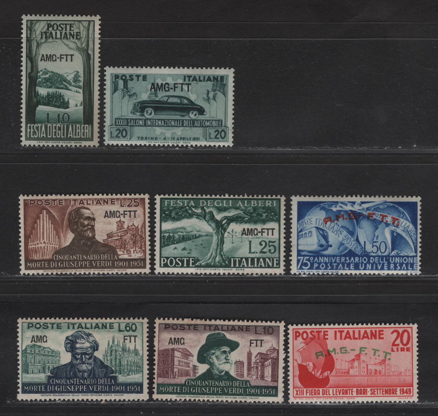 Lot 248 Italy - Trieste SC#40, 52, 111, 136-140 50l - 60l Bright Ultramarine - Indigo & Blue Green Transportation - Verdi, 1949-1951 UPU - Verdi Issues, 8 F/VFOG/NH Singles