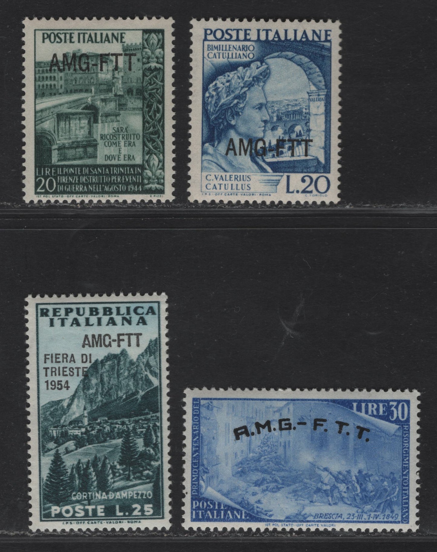 Lot 249 Italy - Trieste SC#55-56, 27, 204 30l - 25l Ultramarine - Blue Green Holy Trinity Bridge - Siena, 1948-1954 Risorgimento Uprisings - Festival of the Mountain Issues, 4 VFOG Singles