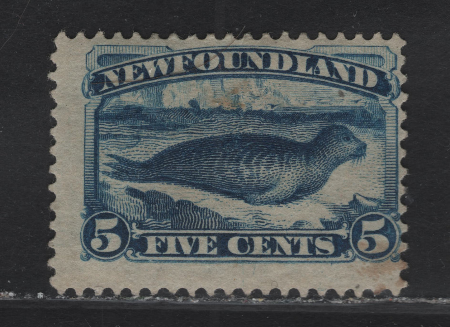 Lot 40 (C) Newfoundland #54 5c Dark Blue Harp Seal, 1880-1896 4th Cents Issue, A FOG Single, 1887 Printing, Paper Cents-OO, Perf 12.25.