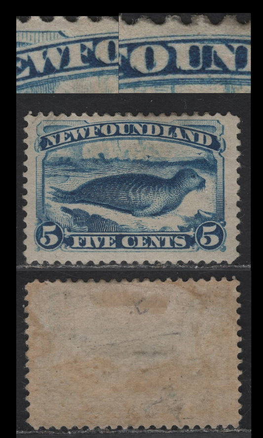 Lot 43 (C) Newfoundland #55i 5c Bright Blue Harp Seal, 1880-1896 4th Cents Issue, A FOG Single, Paper Cents-OO, Perf 12.25, Major Re-Entry In 'WFOUN', Listed But Not Priced In Unitrade.