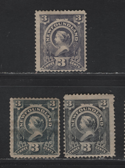 Lot 48 (C) Newfoundland #60,a,d 3c Gray Lilac, Slate & Slate Violet , 1890 Queen Victoria Issue, 3 G/VGOG Singles, Paper Cents-RR, Perfs 12.1x12, 12.1 & 12x12.1, Slate Violet Shade Shows Unlsited Dot Below O of (C) Newfoundland & Internal Wrinkle.