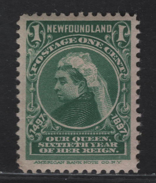 Lot 51 (C) Newfoundland #61 1c Green on Rose Queen Victoria, 1897 Discovery of (C) Newfoundland Issue, A VFNH/DG Single, Paper ABNN-I, From A Near Loss At Sea Shipment, Full Gum With Minimal Disturbace.