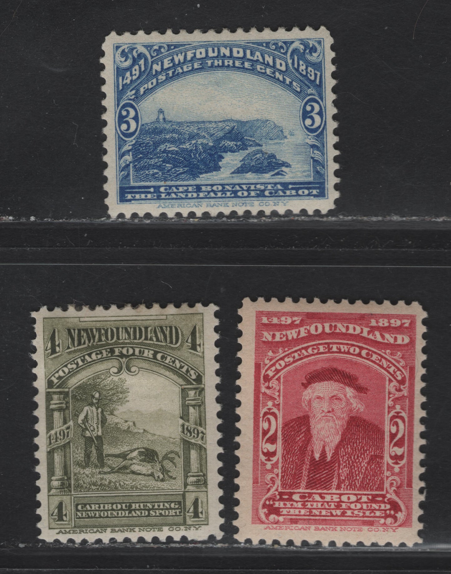 Lot 52 (C) Newfoundland #62-64 2c - 4c Lake, Ultramarine & Olive Green John Cabot - Caribou Hunting, 1897 Discovery of (C) Newfoundland Issue, 3 F/VFOG Singles, Papers ABNN-A (2c), ABNN-D (3c) & ABNN-H (4c)