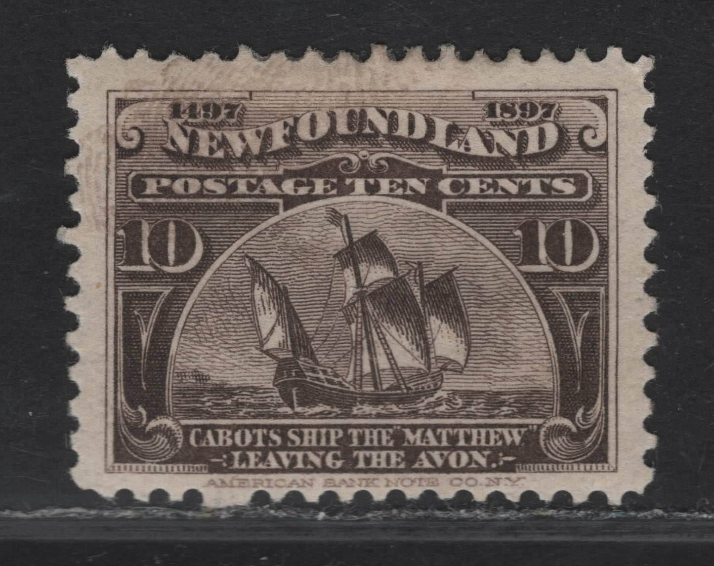 Lot 54 (C) Newfoundland #68 10c Black Brown Cabot's Ship, 1897 Discovery of (C) Newfoundland Issue, A VFOG Single, Paper ABNN-A, Perf 12x11.9