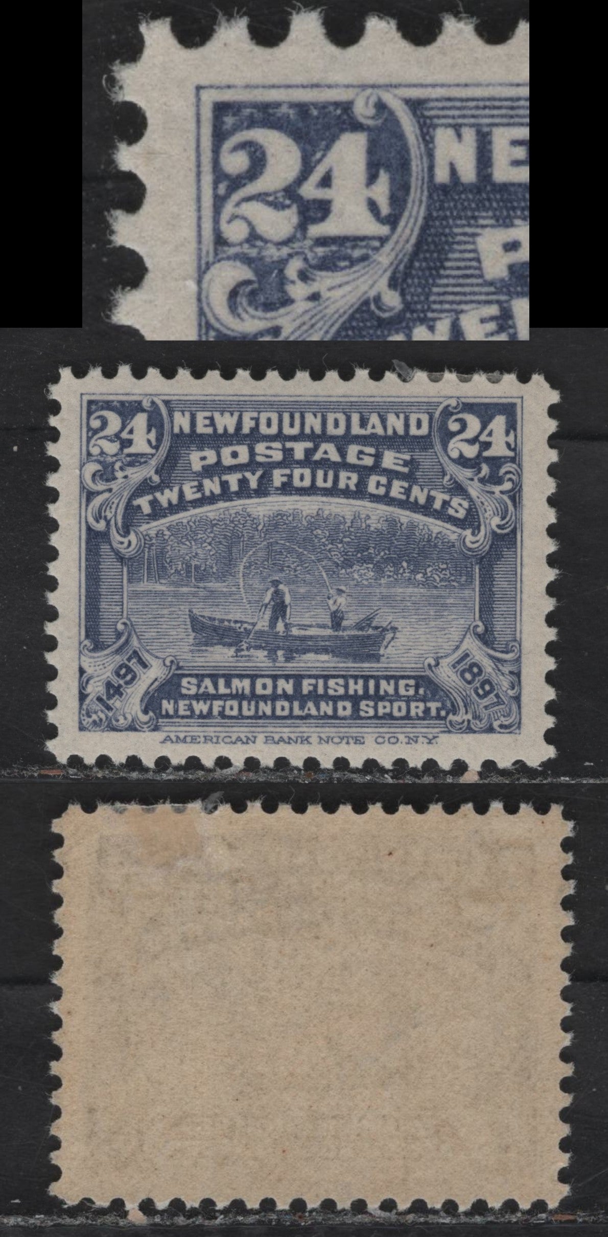 Lot 56 (C) Newfoundland #71var 24c Gray Violet Salmon Fishing, 1897 Discovery of (C) Newfoundland Issue, A VFOG Single, Paper ABNN-A, Perf 12, Showing Unlsited & Extensive Plate Damage In Left Value Tablet, Likely Due to Dry Inking.