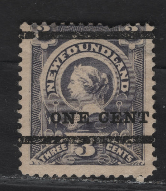 Lot 60 (C) Newfoundland #75 1c on 3c Gray Lilac Queen Victoria, 1897 Surcharged Issue, A GOG Single, Type A Surcharge, Paper Cents-LL, Perf 12.1, Pulled Perf & Small Diagonal Crease.