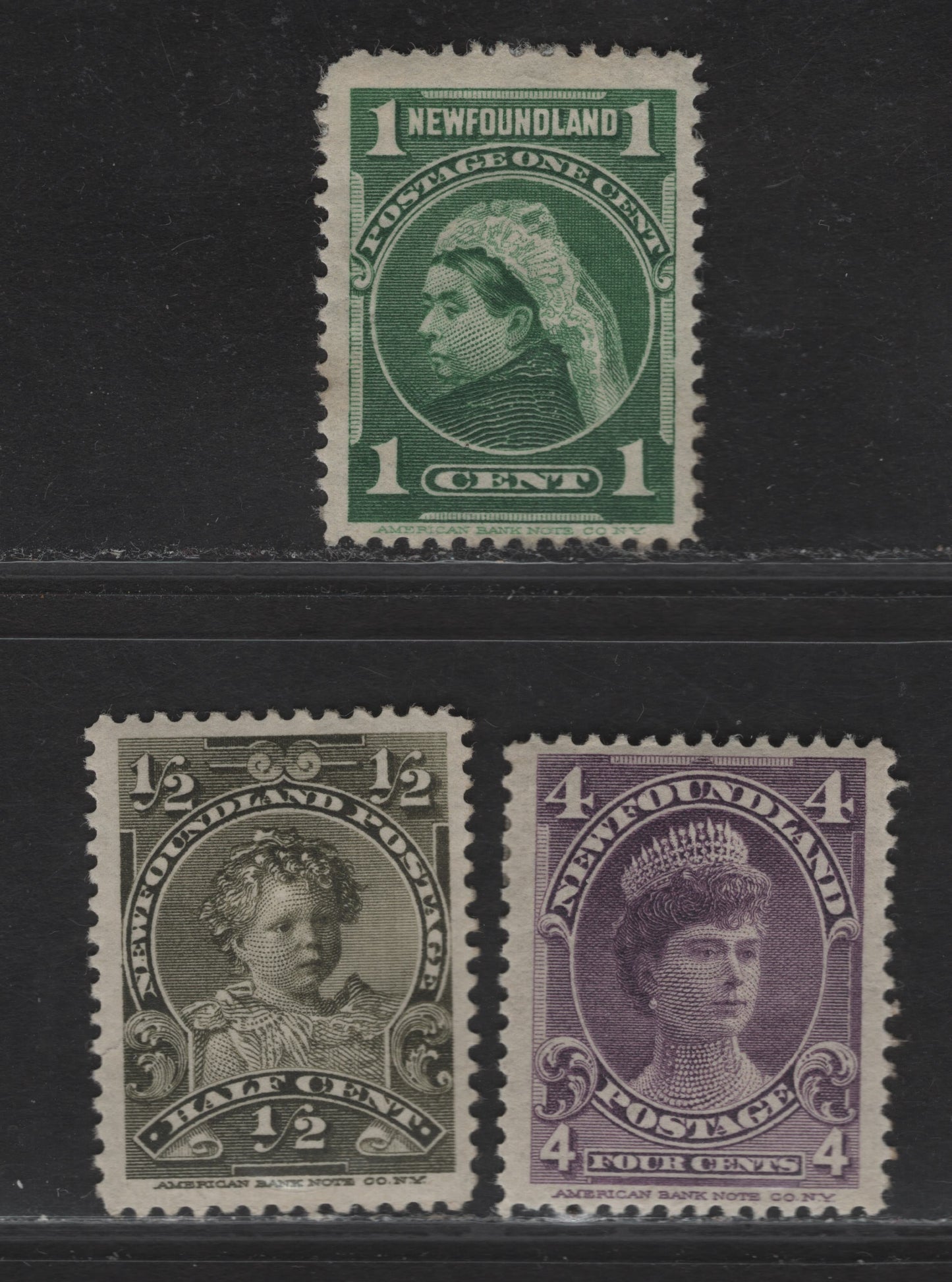 Lot 62 (C) Newfoundland #78, 80a, 84 1/2c - 4c Olive Green - Violet King Edward VIII - Duchess of York, 1897-1901 Royal Family Issue, 3 VG/VFOG Singles, Papers ABNN-J Perf 12(1/2c), ABNN-A Perf 12x11.9 (1c) & ABNN-A Perf 12 (4c)