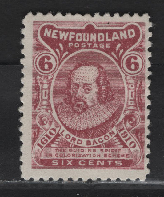 Lot 74 (C) Newfoundland #92 6c Claret Lord Bacon, 1910 John Guy Issue, A FOG Single, Type I, Paper WM-K, Perf 12x11.8.