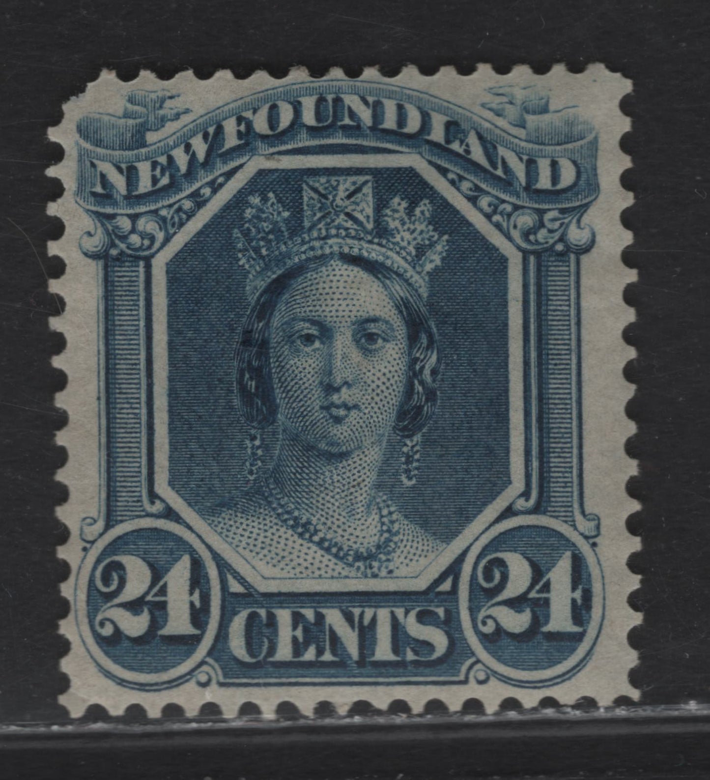 Lot 9 (C) Newfoundland #31 24c Blue Queen Victoria, 1865-1894 Cents Issue, A VGOG Single, Paper Cents-Z, Perf 12x11.75, Pulled Corner Perf At UL, And Creased Perf At Bottom.