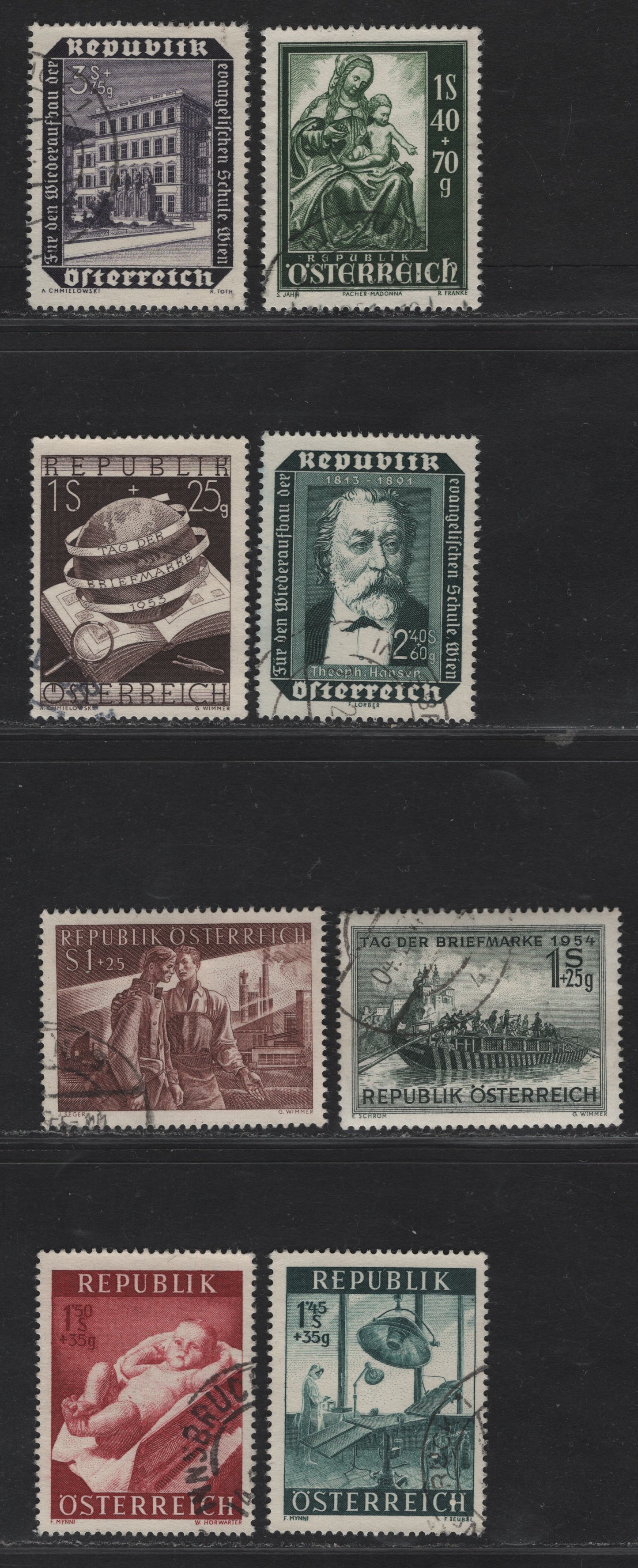 Lot 101 Austria SC#B259, B284-B286, B291-B292, B294-B295 1.40s+70g - 1s+25g Dark Green - Red Brown Salzburg Cathedral - Returned Prisoners of War, 1948-1955 Salzburg Cathedral - Returned Prisoners of War Issues, 8 Very Fine Used Singles