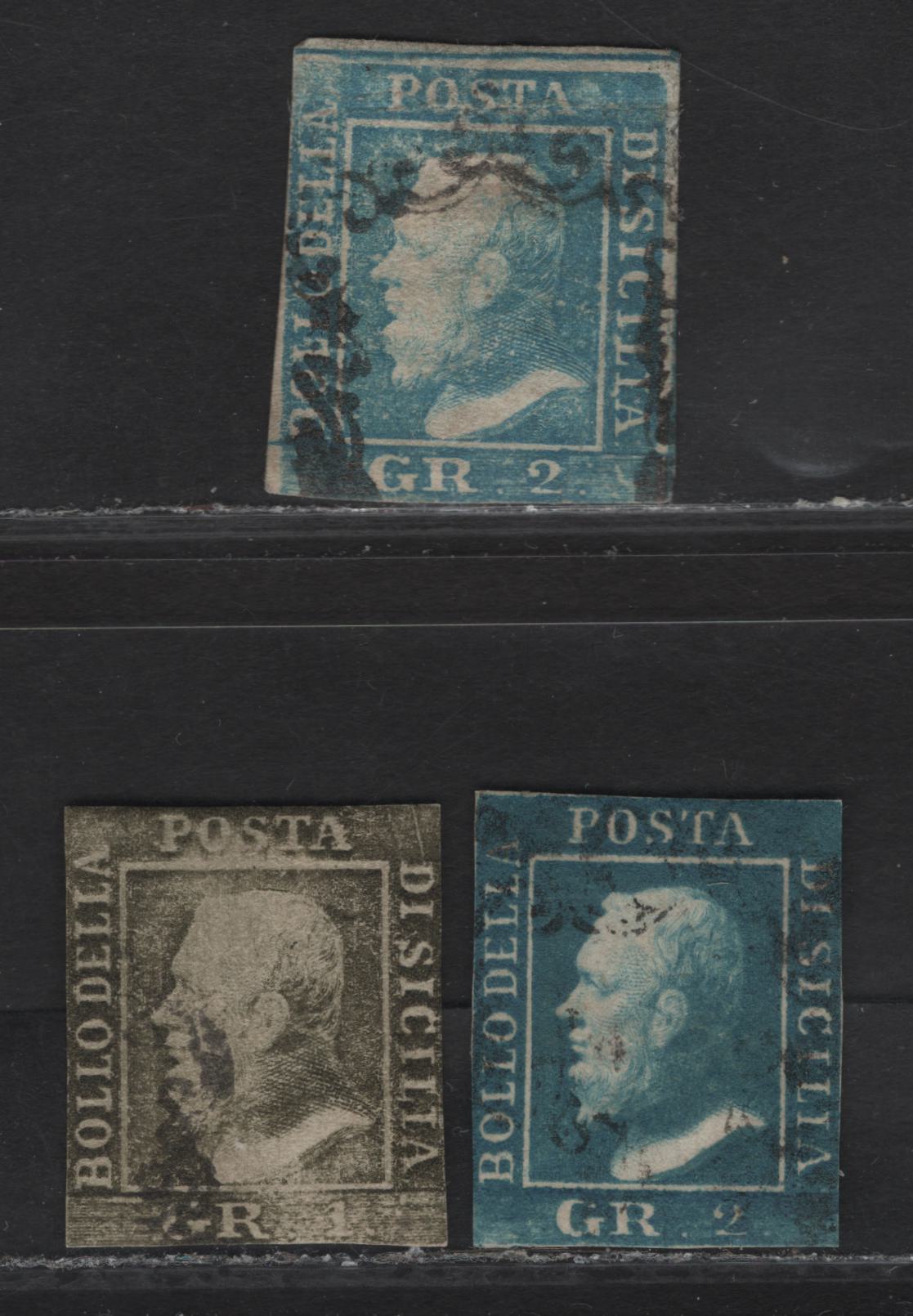 Lot 114 Sicily SC#12i, 13g, 13h 1gr - 2g Olive Green - Pale Blue Ferdinand II, 1859 Ferdinand II Issue, 3 Ungraded Used Singles, Hard White Paper From the Palerno Consignment, Generally Sound, But No Margins Or Margins On 2 Sides With A Crease At Top.