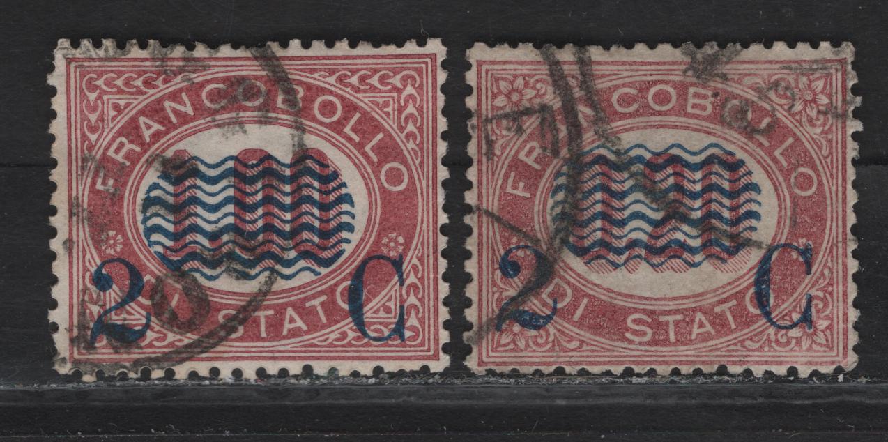 Lot 116 Italy SC#39, 41 2c on 20c - 2c on 1l Lake Waves, 1878 Official Surcharged Issue, 2 Very Fine Used Singles