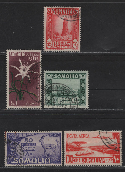 Lot 136 Somalia SC#174, 176, 203, C27, E9 10c - 80c Dark Green - Violet Buildings - Wildlife, 1950-1951 Pictorial - Special Delivery, 5 Fine/Very Fine Used Singles, 35c Red Is Not Counted - Corner Crease & Cancellation Is Likely Not Contemporary