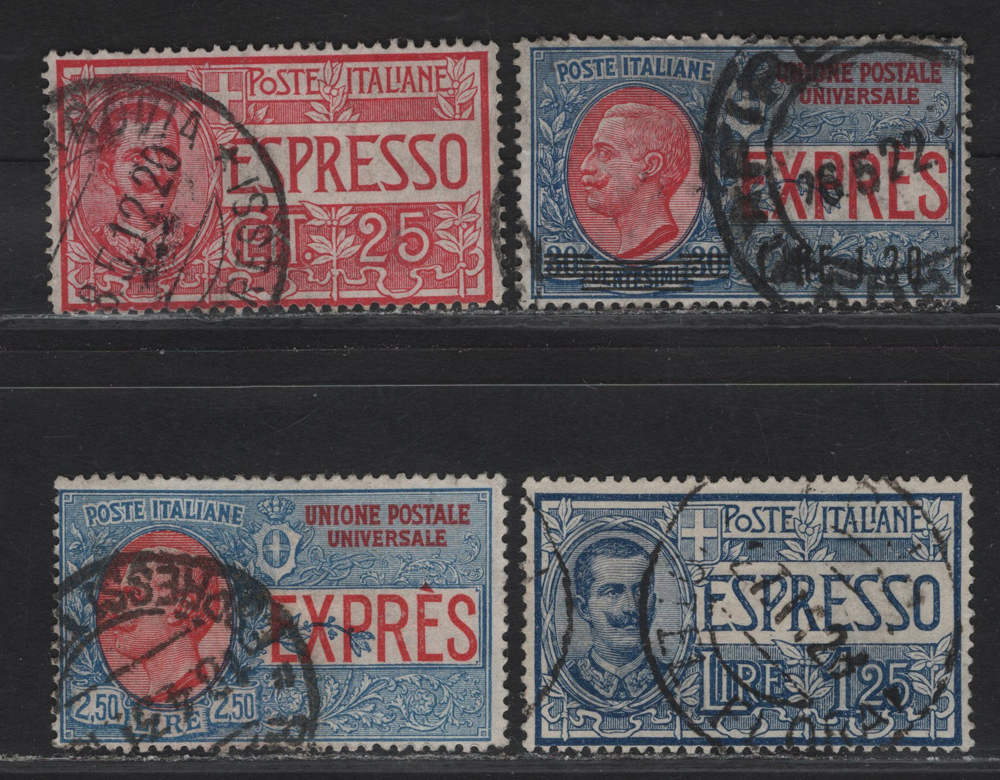 Lot 137 Somalia SC#E1, E5, E8, E10 25c - 1.2l on 30c Rose Red - Blue & Red Victor Emmanuel III, 1903-1921 Special Delivery Issue, 4 Fine Used Singles