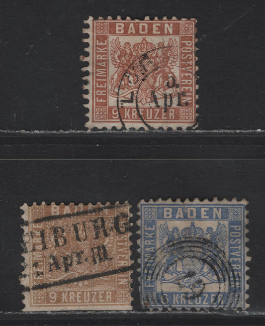 Lot 138 Baden SC#17b, 22-23 9kr - 6kr Bistre - Ultramarine Arms, 1862-1865 Arms Issue, 3 Fair/Good/Very Good Used Singles, The 9kr Brown Has A Heavy Vertical Crease, 6kr Has a Thin