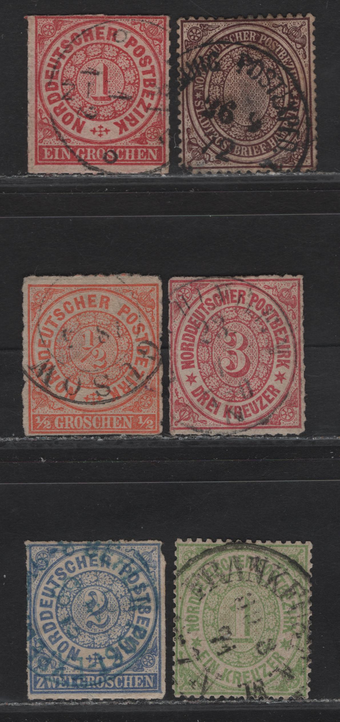 Lot 141 North German Confederation SC#3-4, 9, 19, 24 1/2gr - 1/2s Orange - Dull Violet Brown Numerals, 1868-1869 Rouletted & Perforated Numeral Issues, 6 Very Good/Fine/Very Fine Used Singles, #3 & 24 Have Shallow Thins