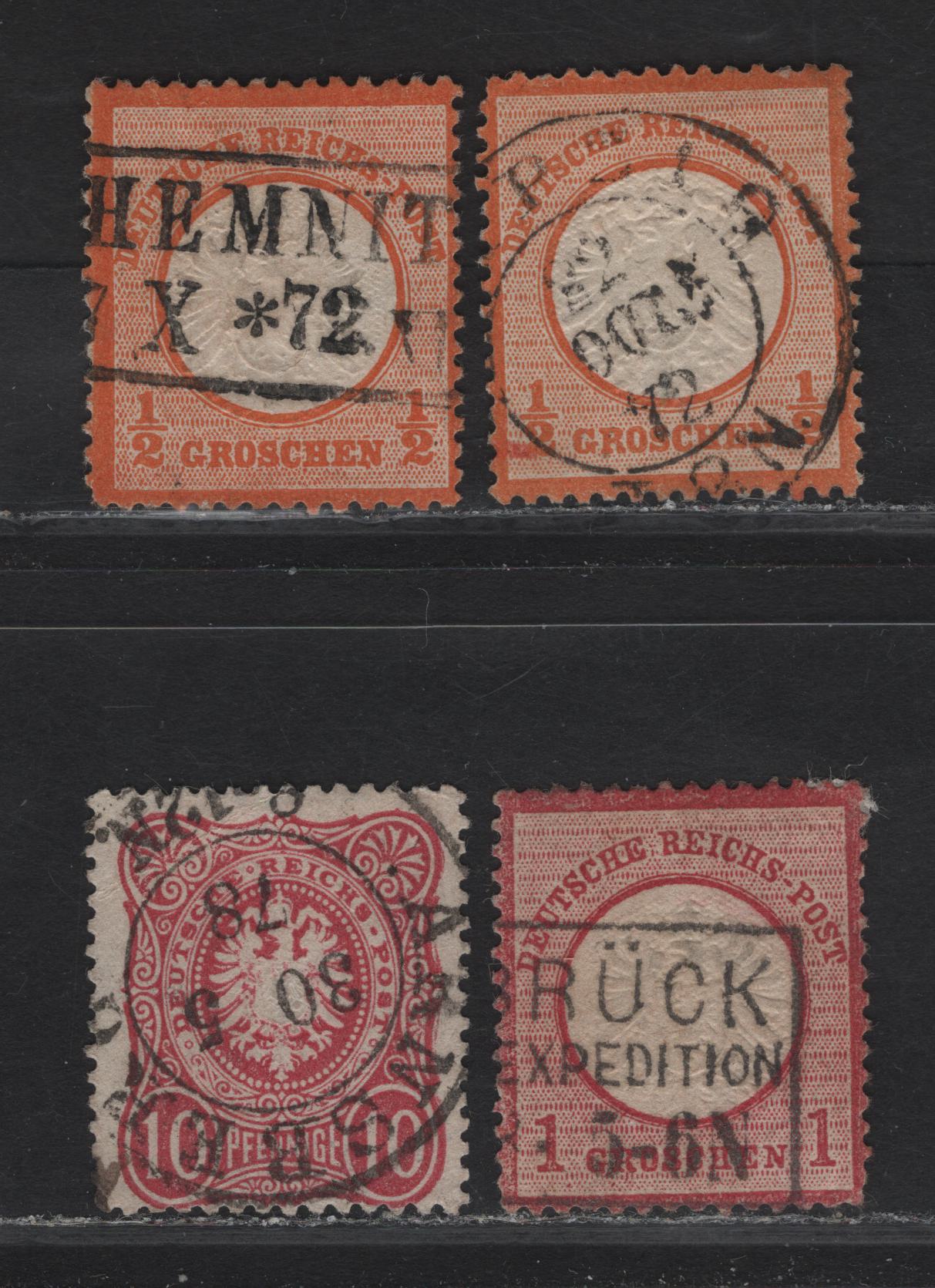 Lot 142 North German Confederation SC#16-17, 31 1/2gr - 10pf Orange - Rose Eagle With Shield - Arms, 1872-1877 Embossed Eagle - Arms Issues, 4 Fine/Very Fine Used Singles, Arms Issue With Final 'E' In Pfennige