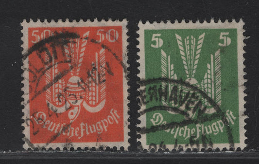 Lot 143 North German Confederation SC#C20, C23 5pf- 50pf Yellow Green - Orange Eagle, 1924 Airmails, 2 Very Fine Used Singles, These Cancels Appear Genuine Based On The Dates, Ink & The 'V' And 'N' At The End Of The Dateline