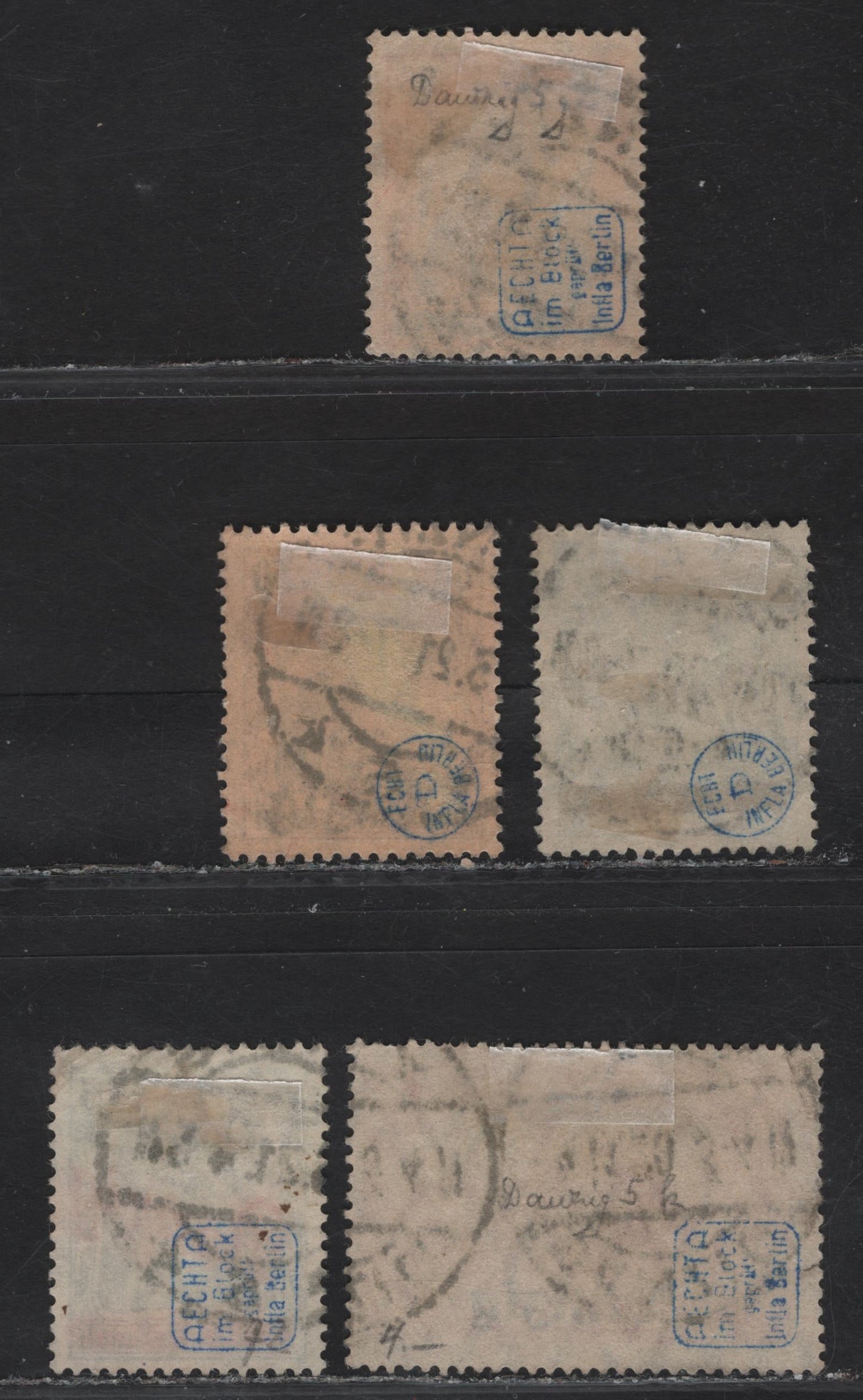 Lot 146 Danzig SC#5, 7-8, 34, 62 30pf - 60pf on 75pf Orange & Black on Buff - Black & Dark Blue Green Germania - , 1920-1921 Overprinted Issue, 5 Fine/Very Fine Used Singles, Postally Used With Contemporaneous Cancels, All With BPP Guarantee Handstamps