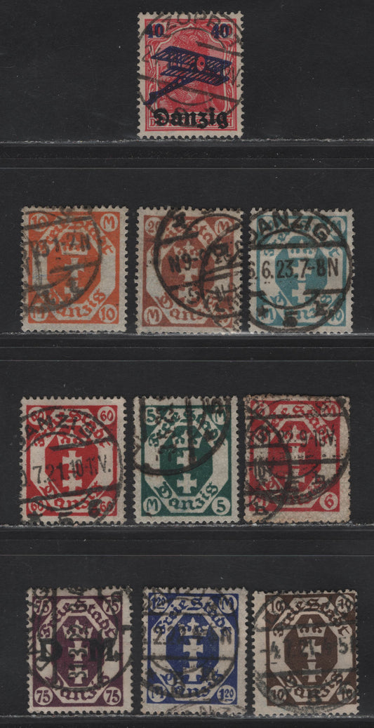 Lot 148 Danzig SC#O10, 64, 71, C1, 90, 74, 104, 102, 100b, 103 10(pf) - 75(pf) Dark Brown - Deep Violet Arms - Overprinted Arms, 1921-1923 Arms & Airmail Issues, 10 Fine/Very Fine Used Singles, Honeycomb & Webbing Wmks, All With BPP Guarantee Handstamps.