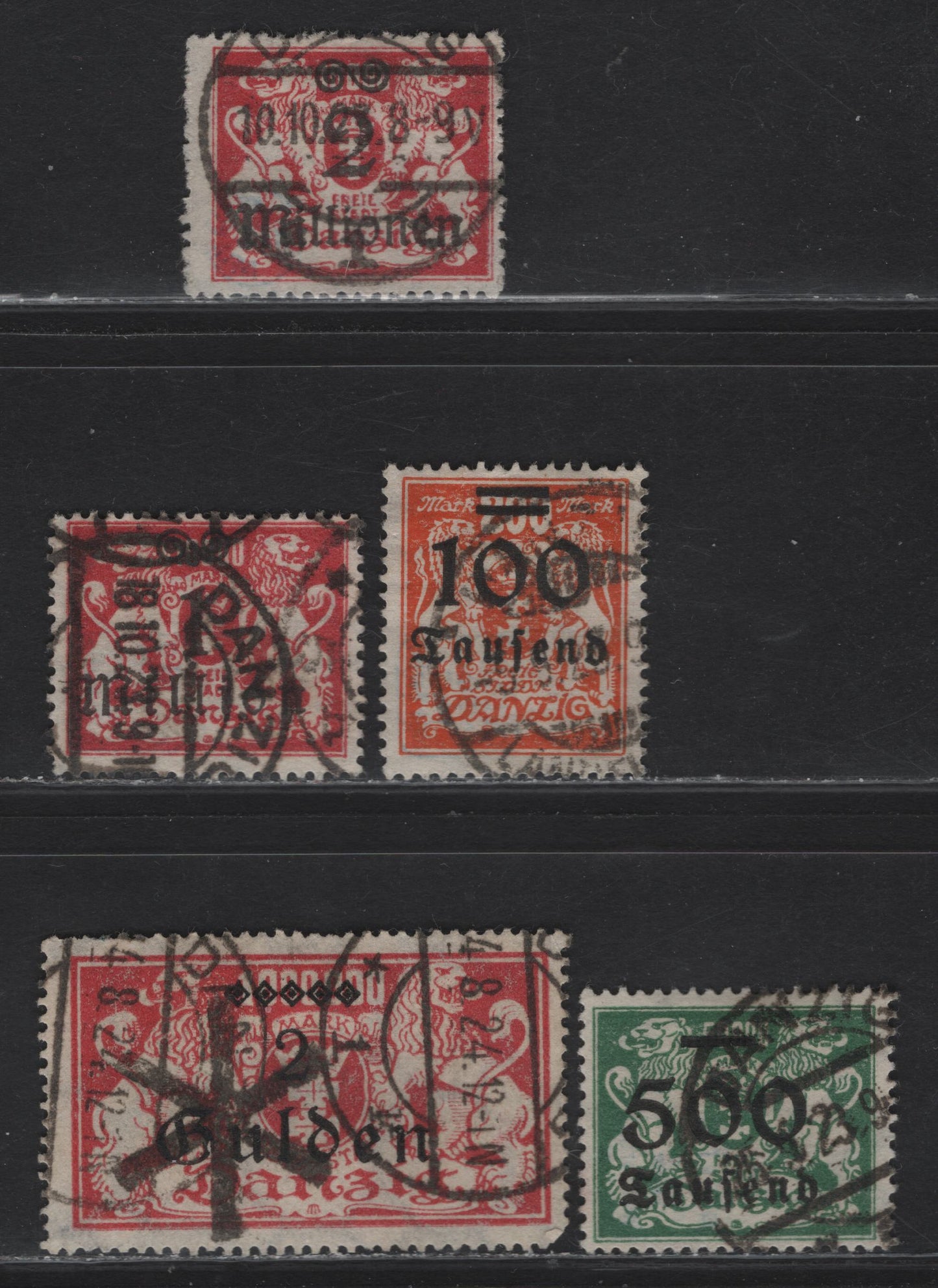Lot 149 Danzig SC#138, 141, 144-145, 165 100th on 200m - 2gld on 1m Orange - Rose Arms - Coat of Arms, 1923 Surcharged Issue, 5 Fine/Very Fine Used Singles, All Postally Used, BPP Guarantee Handstamps