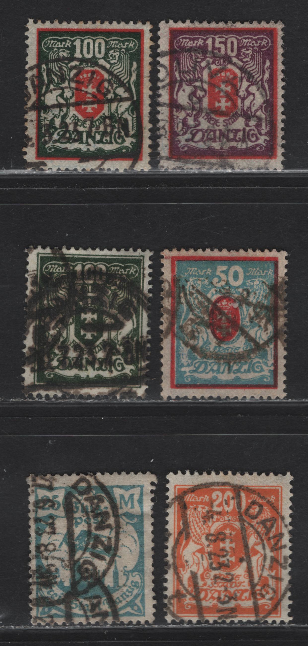 Lot 151 Danzig SC#106a, 107-108, 114-115, C14 50m - 25m Pale Blue & Red - Pale Blue Arms - Airplane, 1922-1923 Arms - Airmail Issues, 6 Fine/Very Fine Used Singles, All Postally Used, BPP Guarantee Handstamps