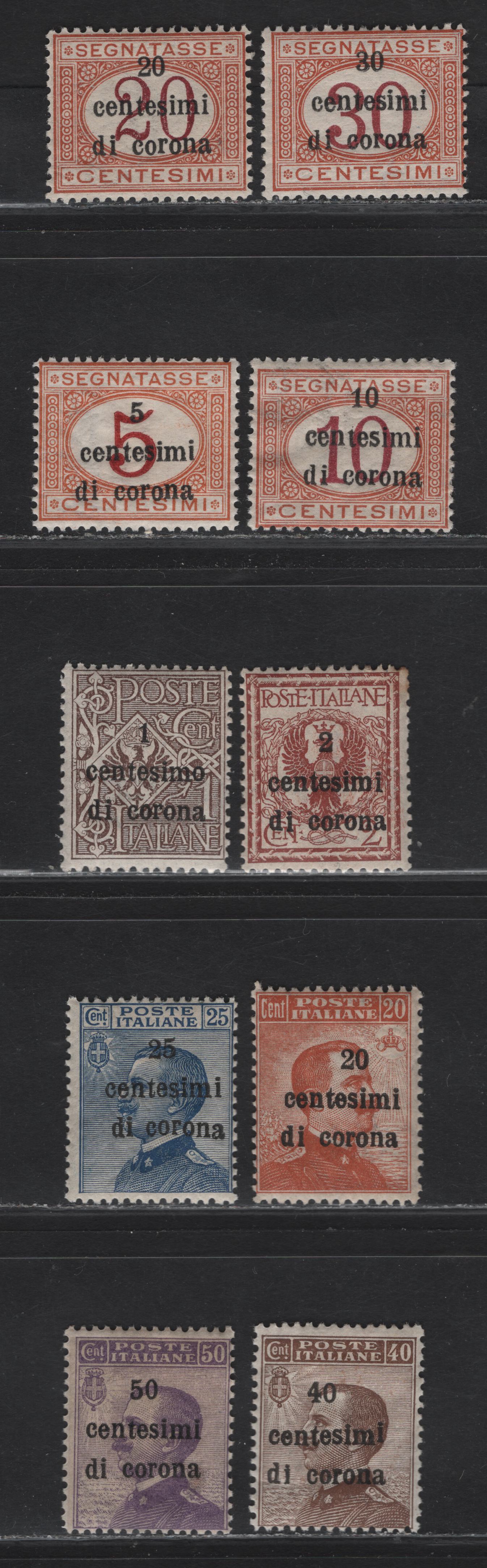 Lot 185 Austria SC#N64-N65, N68-N70, N72, NJ8-NJ11 1c on 1c - 30c Brown - Buff & Magenta Victor Emmanuel III - Numerals, 1918-1919 Italian Occupation of Austria, 10 FOG Singles