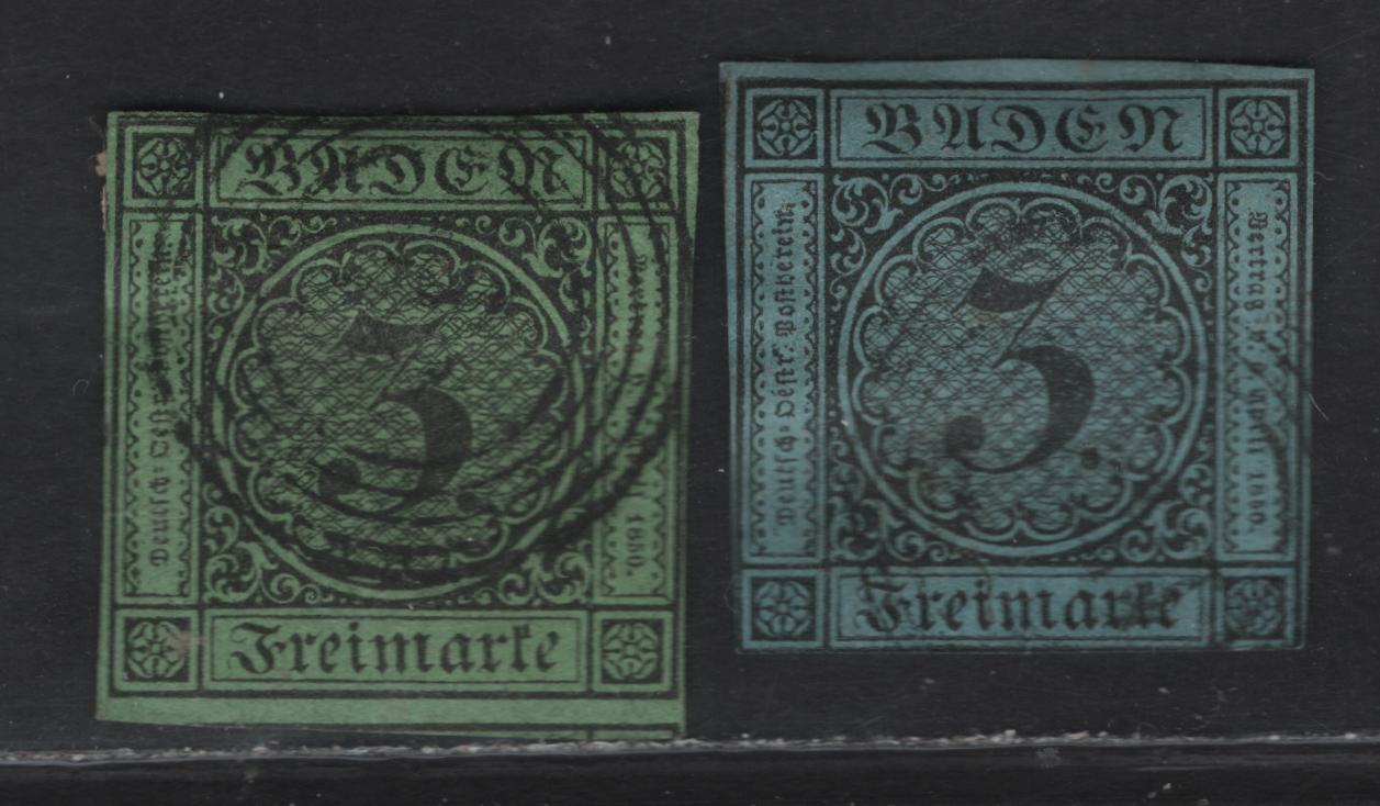 Lot 189 Baden SC#7-8 3kr Black on Green & Black on Blue Numeral, 1853-1858 Numeral Issue, 2 Very Good Used Imperf Singles