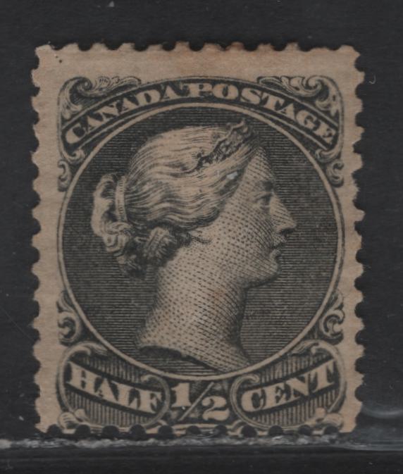 Lot 2 (C) Canada #21 1/2c Black Queen Victoria, 1868-1876 Large Queen Issue, A VGOG Single, Mid to Late Montreal Printing, Paper MM-B, Two Guide Dots In UL Margin, Perf 12x12.25, Semi Glossy Cream Gum.