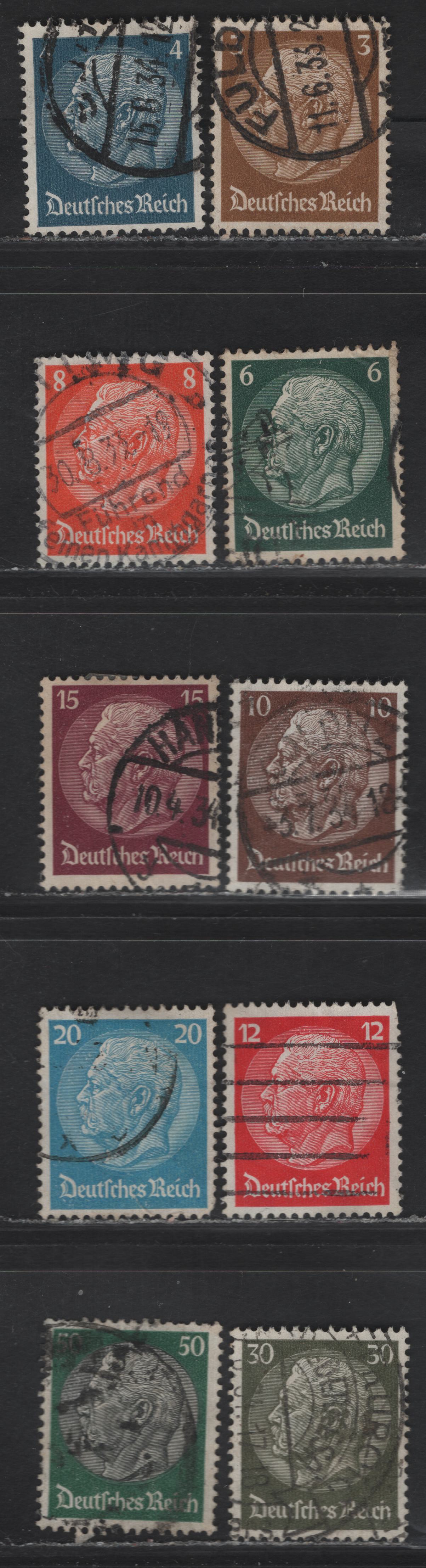 Lot 202 Germany SC#401-409, 428 3pf - 50pf Olive Bistre - Dark Green & Black Pres. Von Hindenburg, 1933-1936 Hindenburg Issue, 10 Fine/Very Fine Used Singles, Network & Swastikas (50pf) Wmks