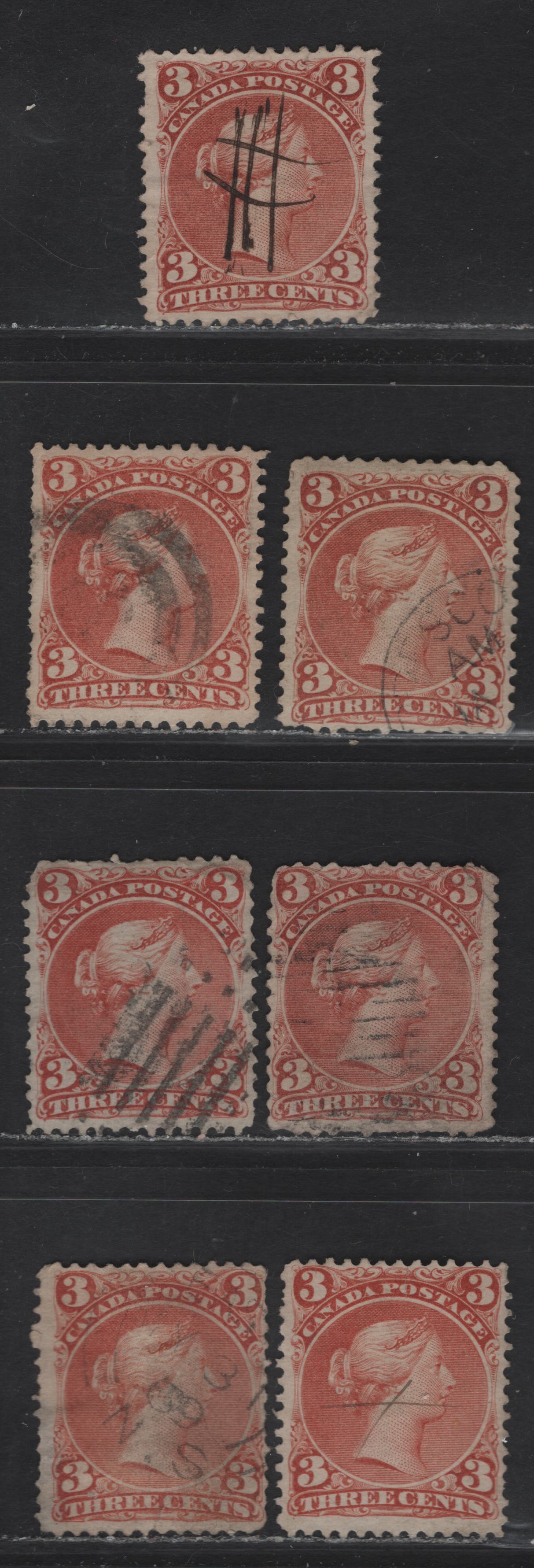 Lot 21 (C) Canada #25,ii 3c Rose Red & Deep Rose Red Queen Victoria, 1868-1876 Large Queen Issue, 7 Ungraded Used Singles, Papers FO-O (Duckworth 10), FO-M (Duckworth 4), FO-AA & FO-BB, Perfs 12, 12x12.1. 11.9x12, 12x11.9 & 12.1x12