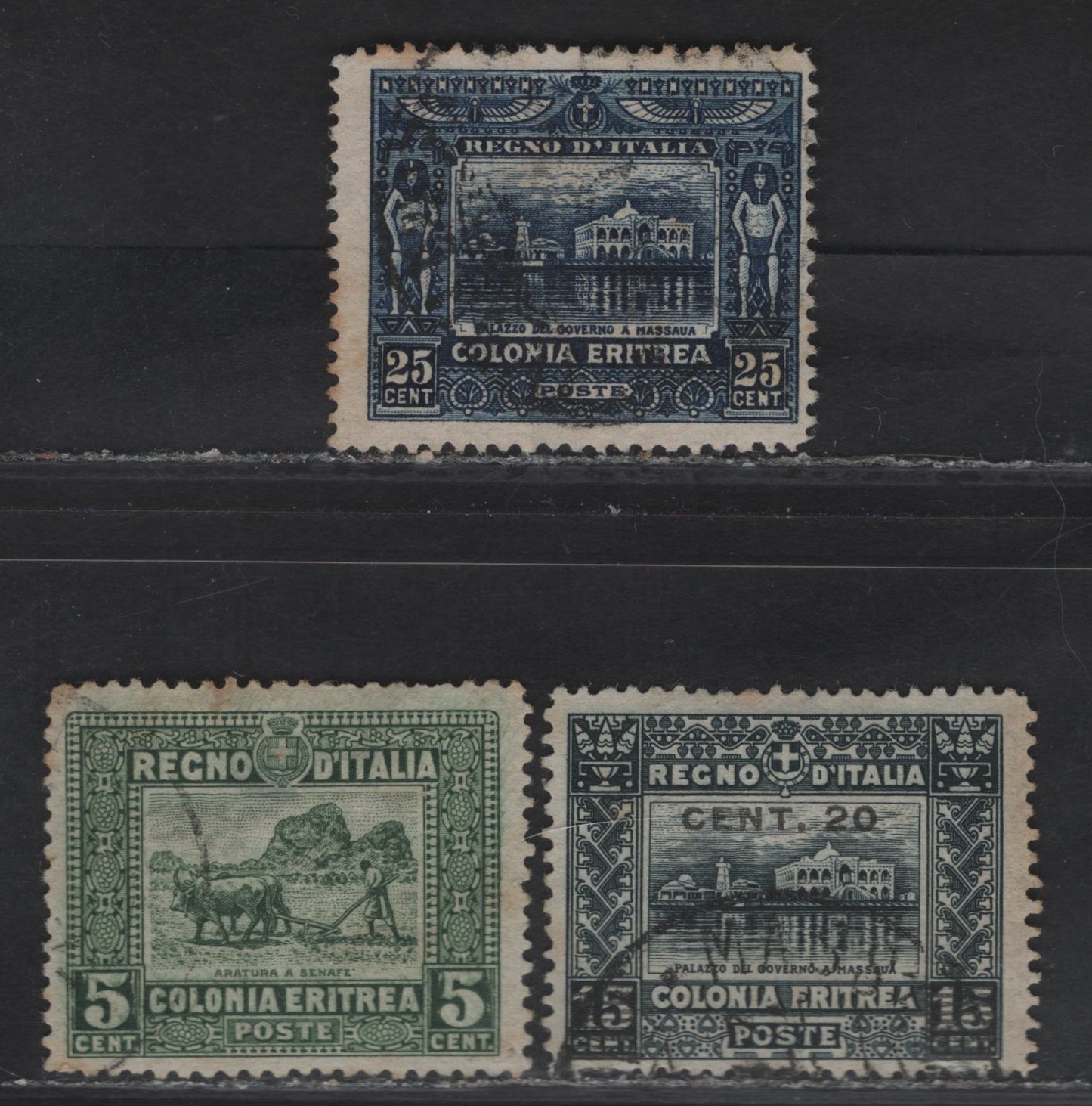 Lot 223 Eritrea SC#48-49, 52 5c - 20c on 15c Green - Slate Government Building, 1910-1916 Govt Building & Farmer Plowing Issues, 3 Fine Used Singles, 5c Has A Thin, So Not Counted, Others Have Some Toning On Back