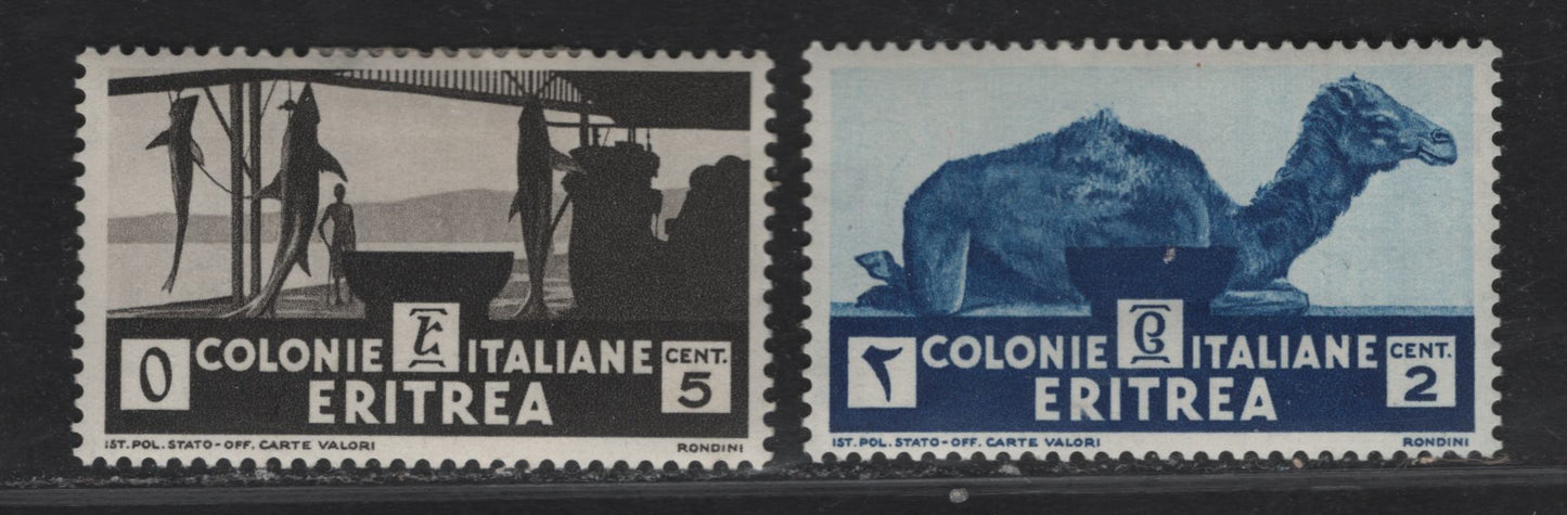 Lot 227 Eritrea SC#158-159 2c - 5c Deep Blue - Black Camel - Shark Fishery, 1934 Photogravure Pictorial Issue, 2 VFOG Singles