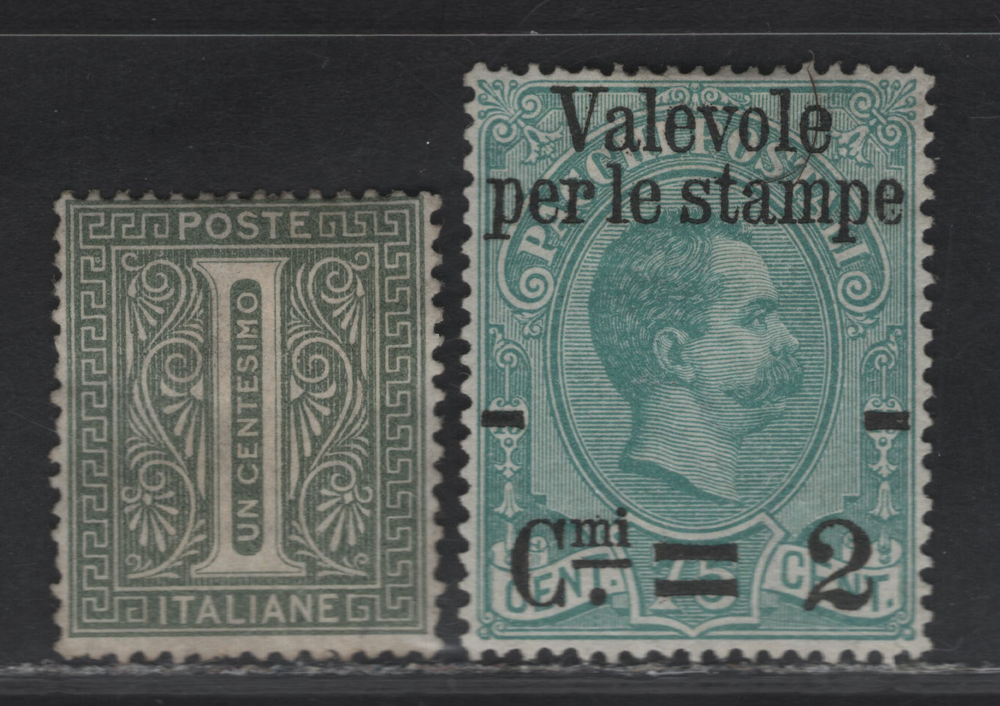 Lot 242 Italy SC#24, 61 1c - 2c on 75c Gray Green - Blue Green Numeral - Overprinted Humbert I, 1863-1890 Numeral - Surcharged Parcel Post Issues, 2 FOG Singles, The Parcel Post Issue Has No Gum