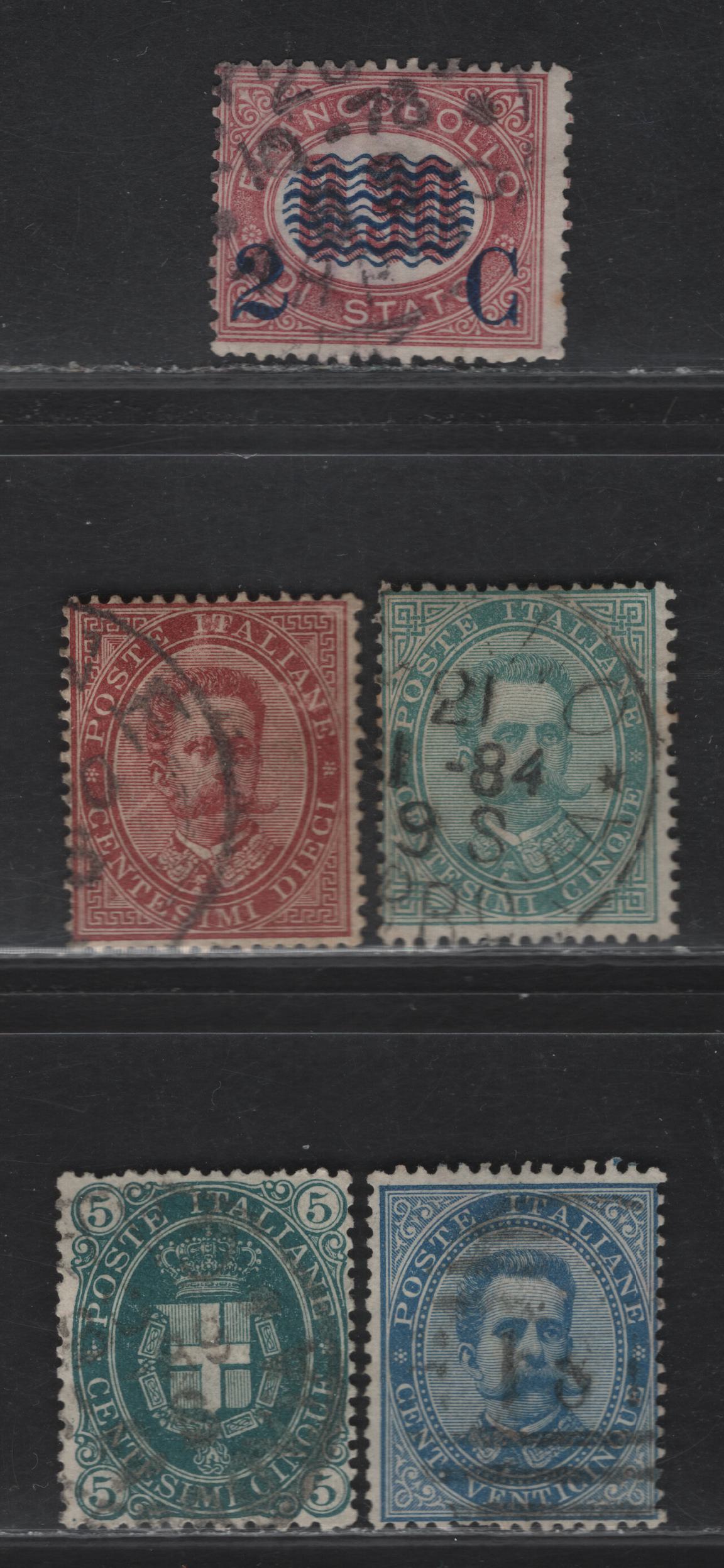 Lot 250 Italy SC#40, 45, 46, 52, 48 2c on 30c - 5c Lake - Dark Green Arms, 1878-1889 Surcharged Officials - Arms Issues, 5 Fine/Very Fine Used Singles