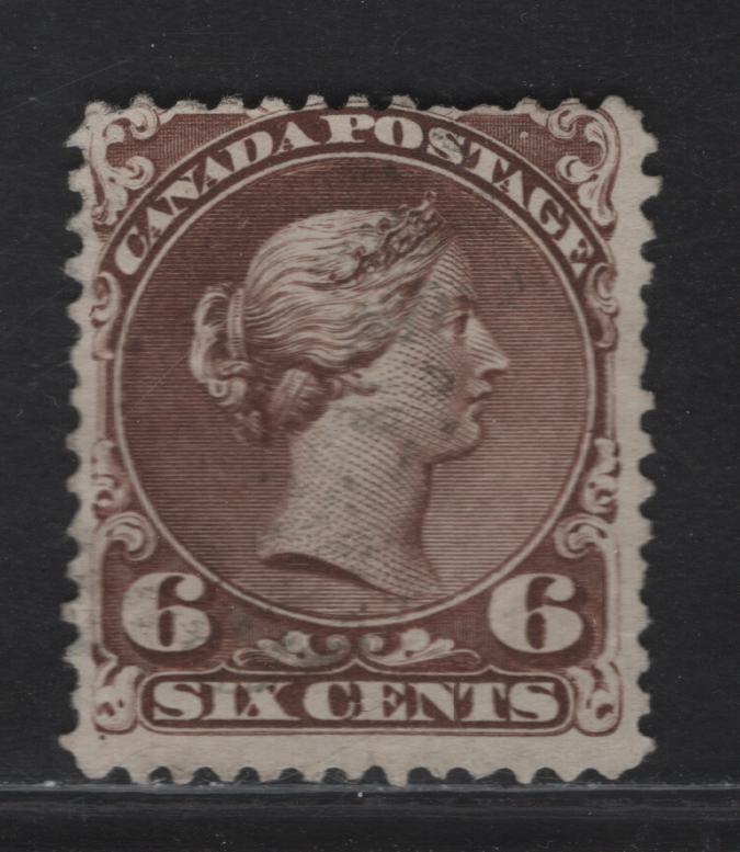 Lot 25 (C) Canada #27c 6c Dark Brown Queen Victoria, 1868-1876 Large Queen Issue, A Very Good Used Single, Paper FO-CC (Duckworth 9b), Perf 12.1x12, Plate 1 Example With Guide Dot below The LL Scroll.