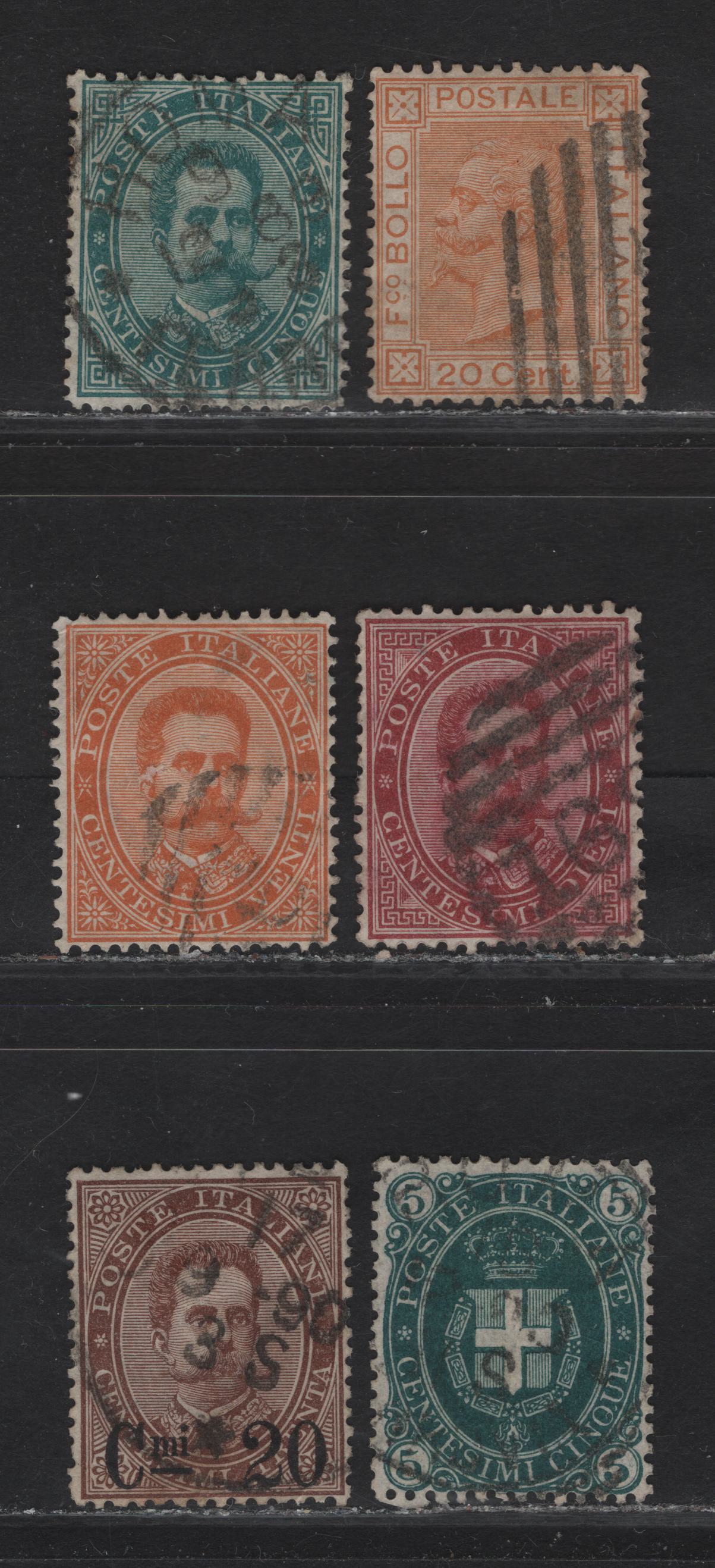 Lot 251 Italy SC#36, 45-47, 52, 65 5c-20c on 30c Blue Green - Brown Arms of Savoy, Victor Emmannuel II & Humbert I, 1865-1891 King Victor Emmanuel & Humbert I Keyplates, 6 VF Used Singles VF Centering For These Issues