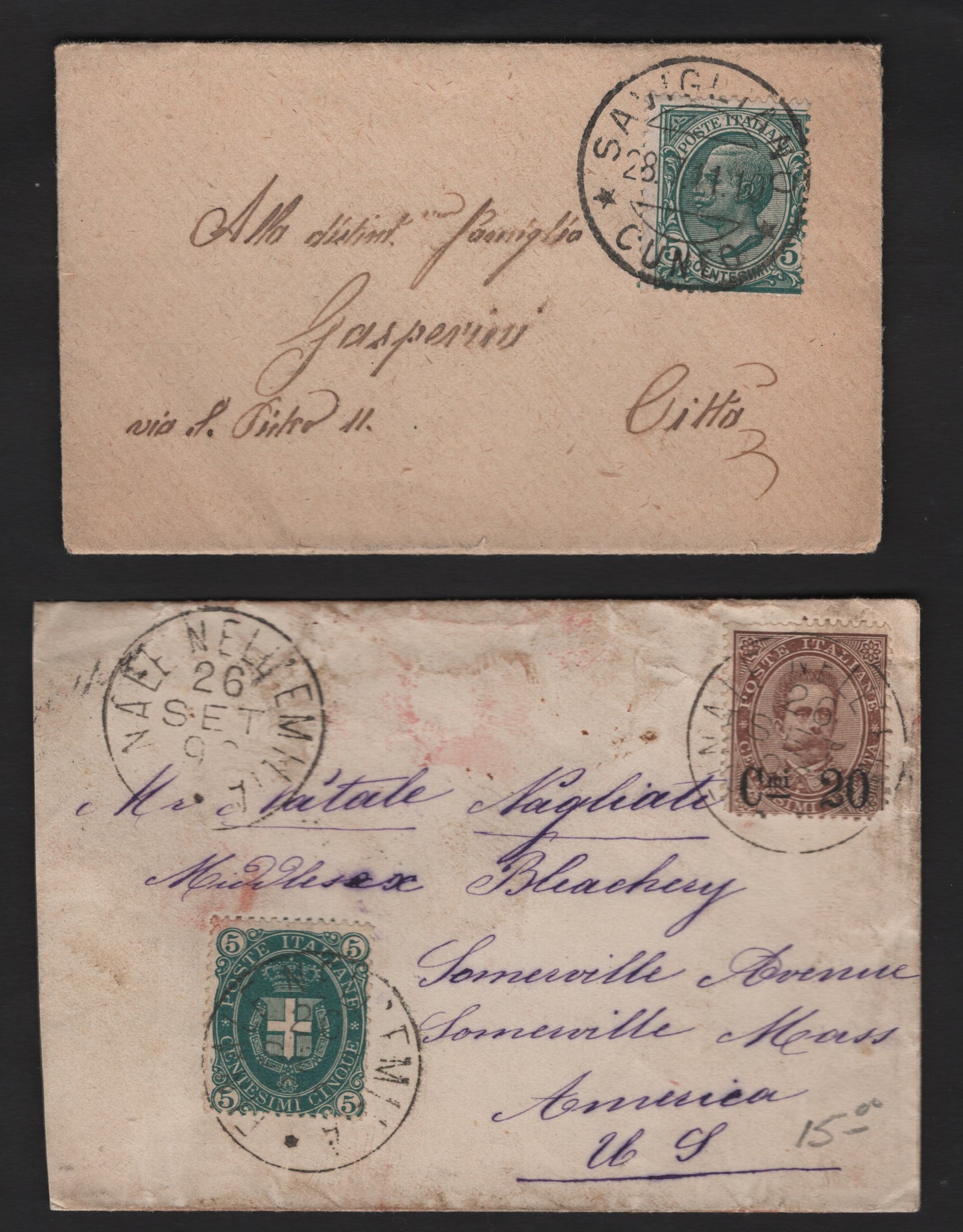 Lot 252 Italy SC#52, 65, 94 5c, 20c on 30c Arms of Savoy, Victor Emmannuel II & Humbert I, 1889-1919 King Victor Emmanuel & Humbert I Keyplates, 2 VF & VG Covers Single & Combination Usages, Surcharge Cover Reduced Slightly  At Left